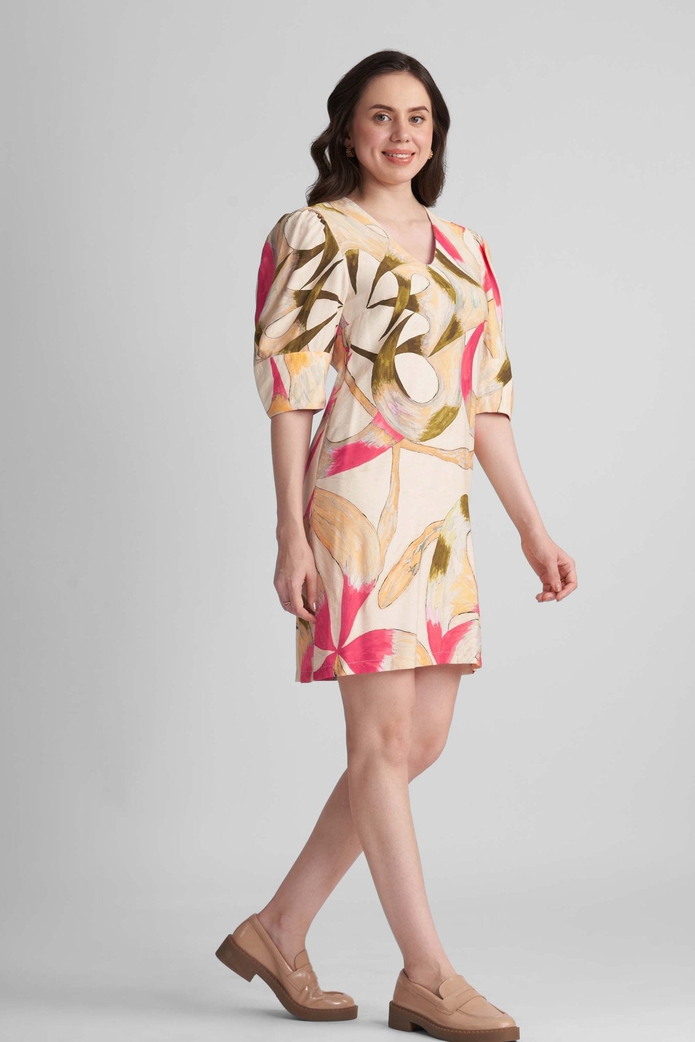 DAISY TWILL VISCOSE A-LINE PRINTED SHORT DRESS WITH LANTERN SLEEVES - Sunday Story