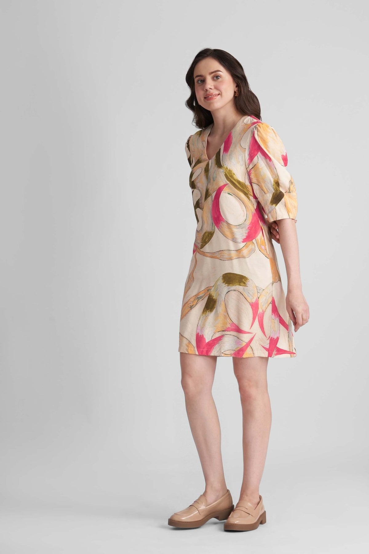 DAISY TWILL VISCOSE A-LINE PRINTED SHORT DRESS WITH LANTERN SLEEVES - Sunday Story