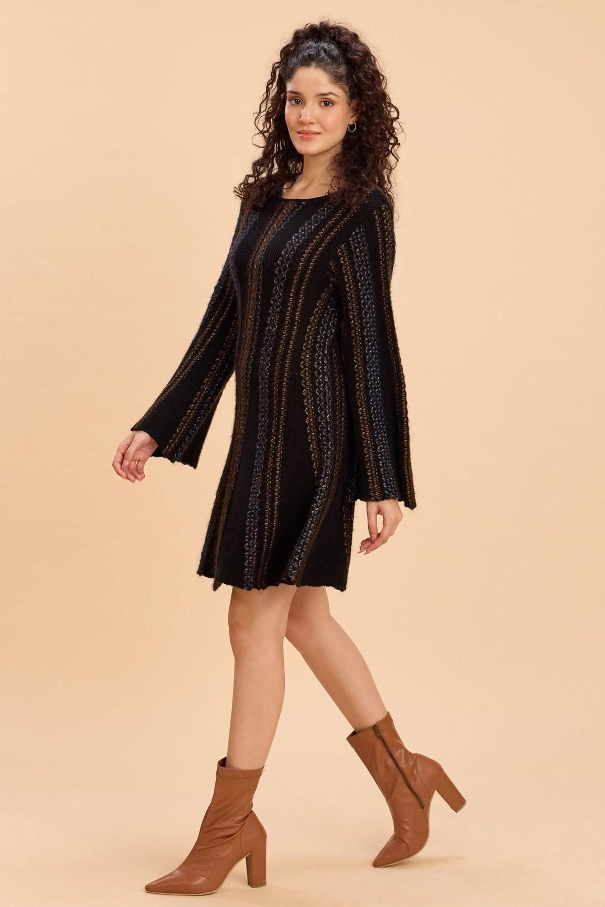 DANNY CINCHED WAIST A-LINE KNIT DRESS WITH BELL SLEEVES - Sunday Story