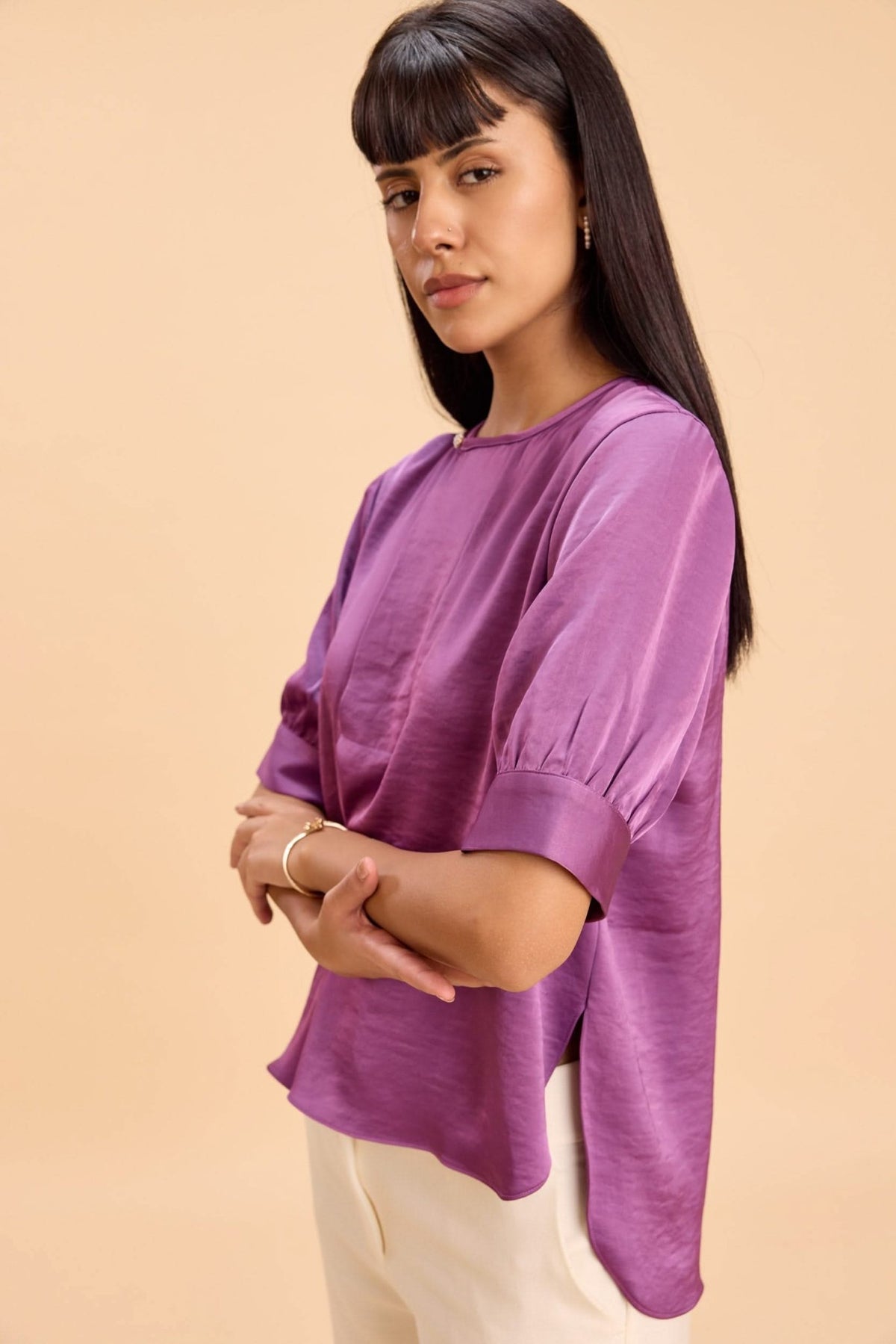 DARLENE LUXE SATIN TOP WITH JEWEL PEARL BUTTONS - Sunday Story