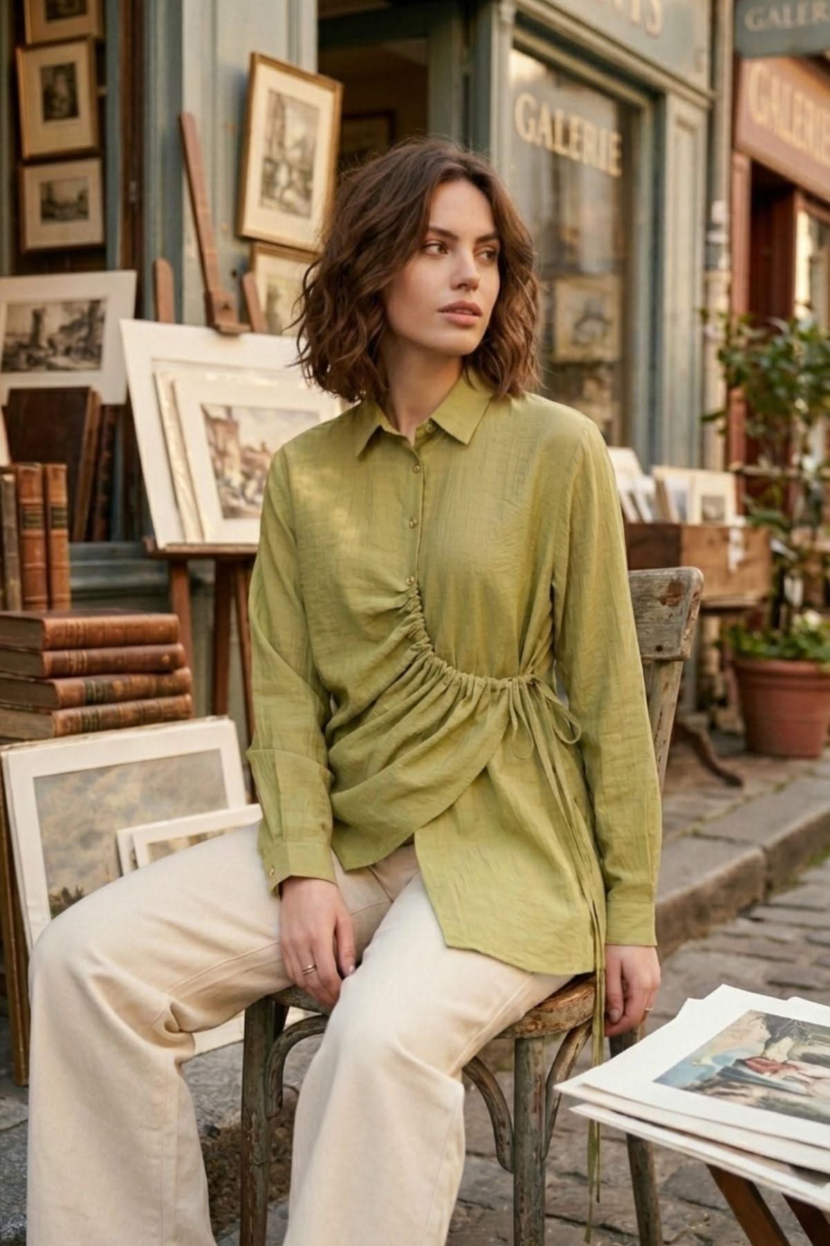DEMI ASYMMETRICAL GATHERED SHIRT WITH STATEMENT BUTTONS - Sunday Story
