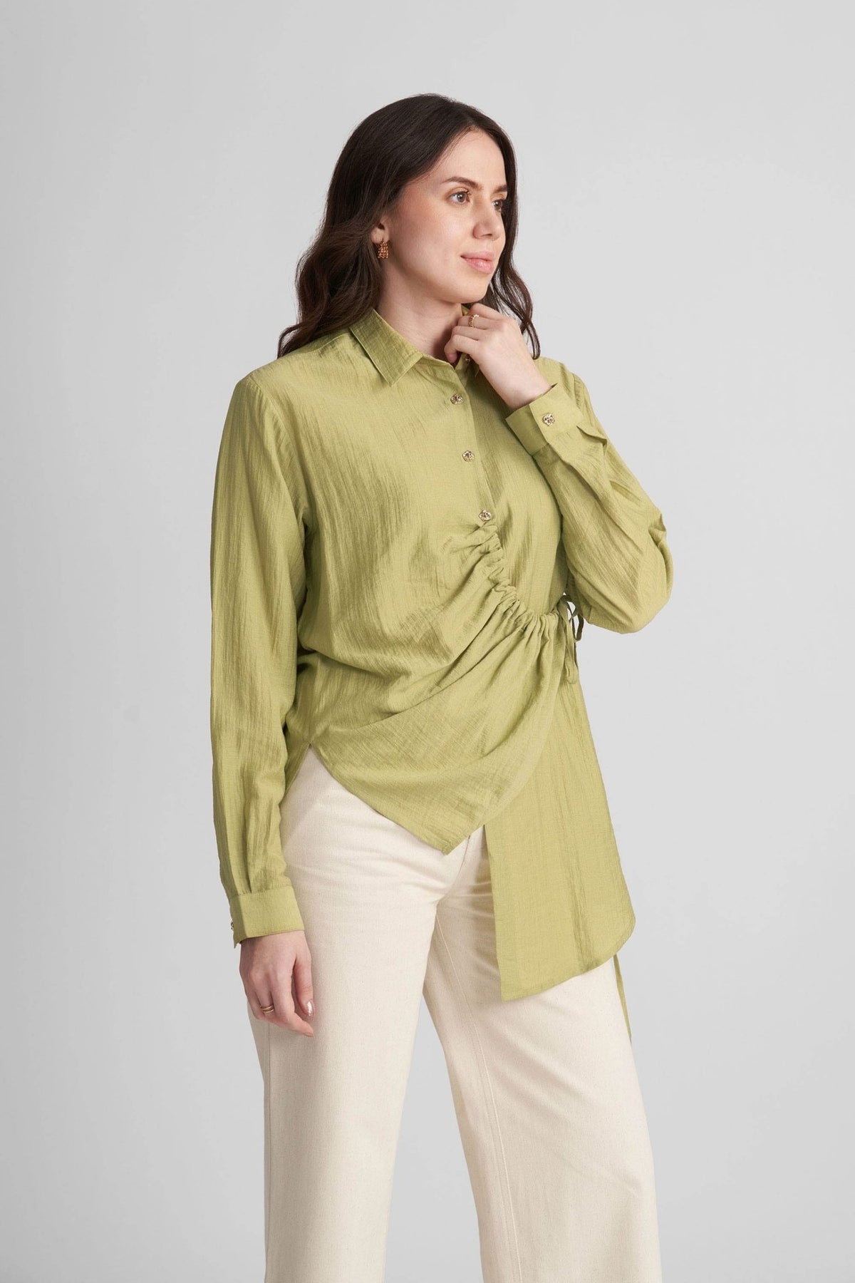 DEMI ASYMMETRICAL GATHERED SHIRT WITH STATEMENT BUTTONS - Sunday Story