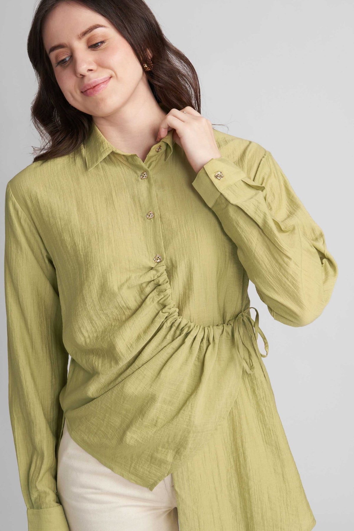 DEMI ASYMMETRICAL GATHERED SHIRT WITH STATEMENT BUTTONS - Sunday Story