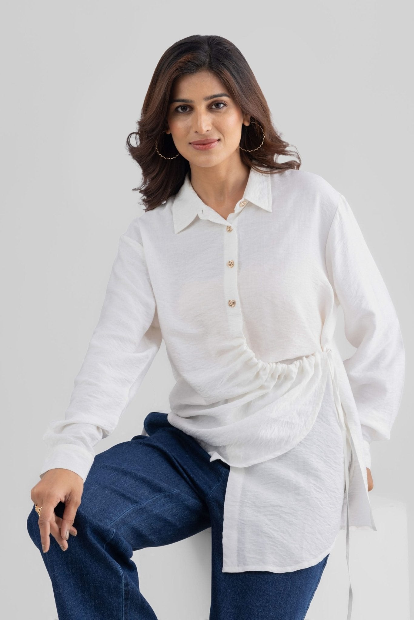 DEMI ASYMMETRICAL GATHERED SHIRT WITH STATEMENT BUTTONS - Sunday Story