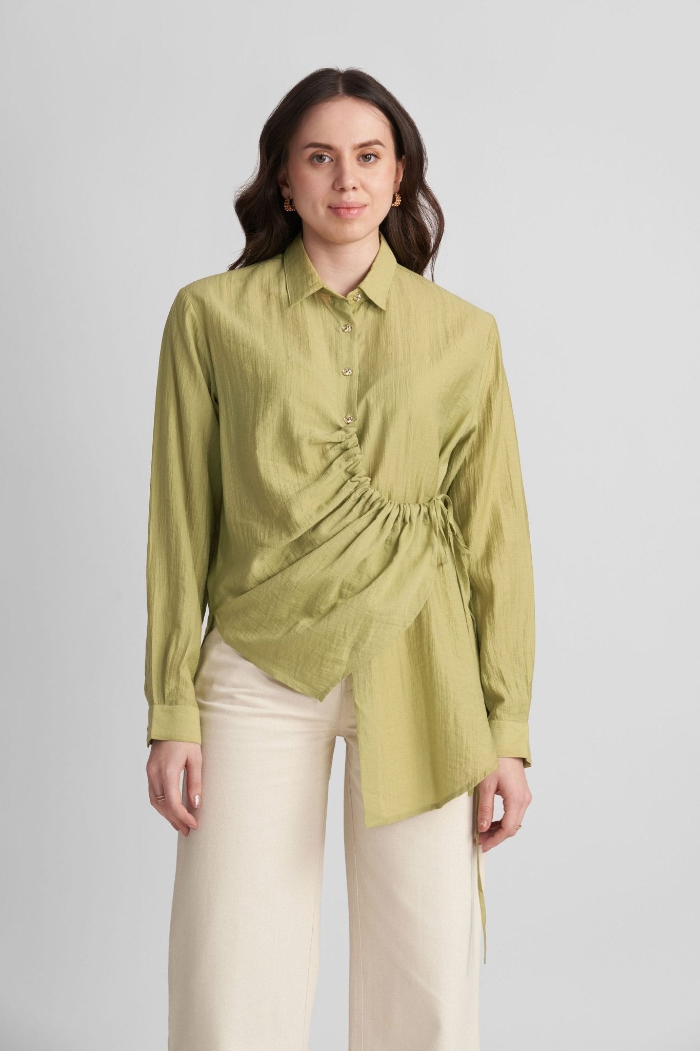 DEMI ASYMMETRICAL GATHERED SHIRT WITH STATEMENT BUTTONS - Sunday Story