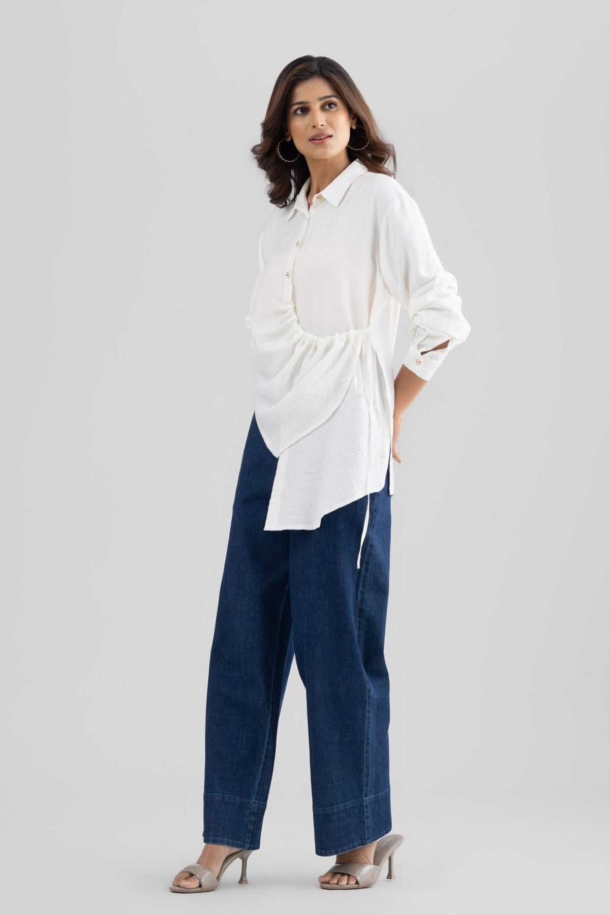 DEMI ASYMMETRICAL GATHERED SHIRT WITH STATEMENT BUTTONS - Sunday Story