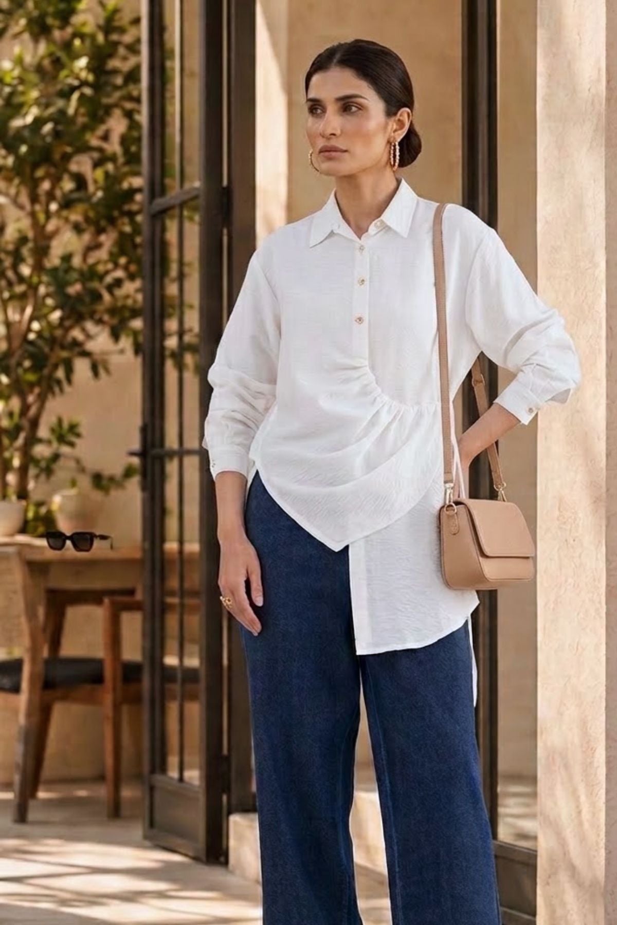 DEMI ASYMMETRICAL GATHERED SHIRT WITH STATEMENT BUTTONS - Sunday Story