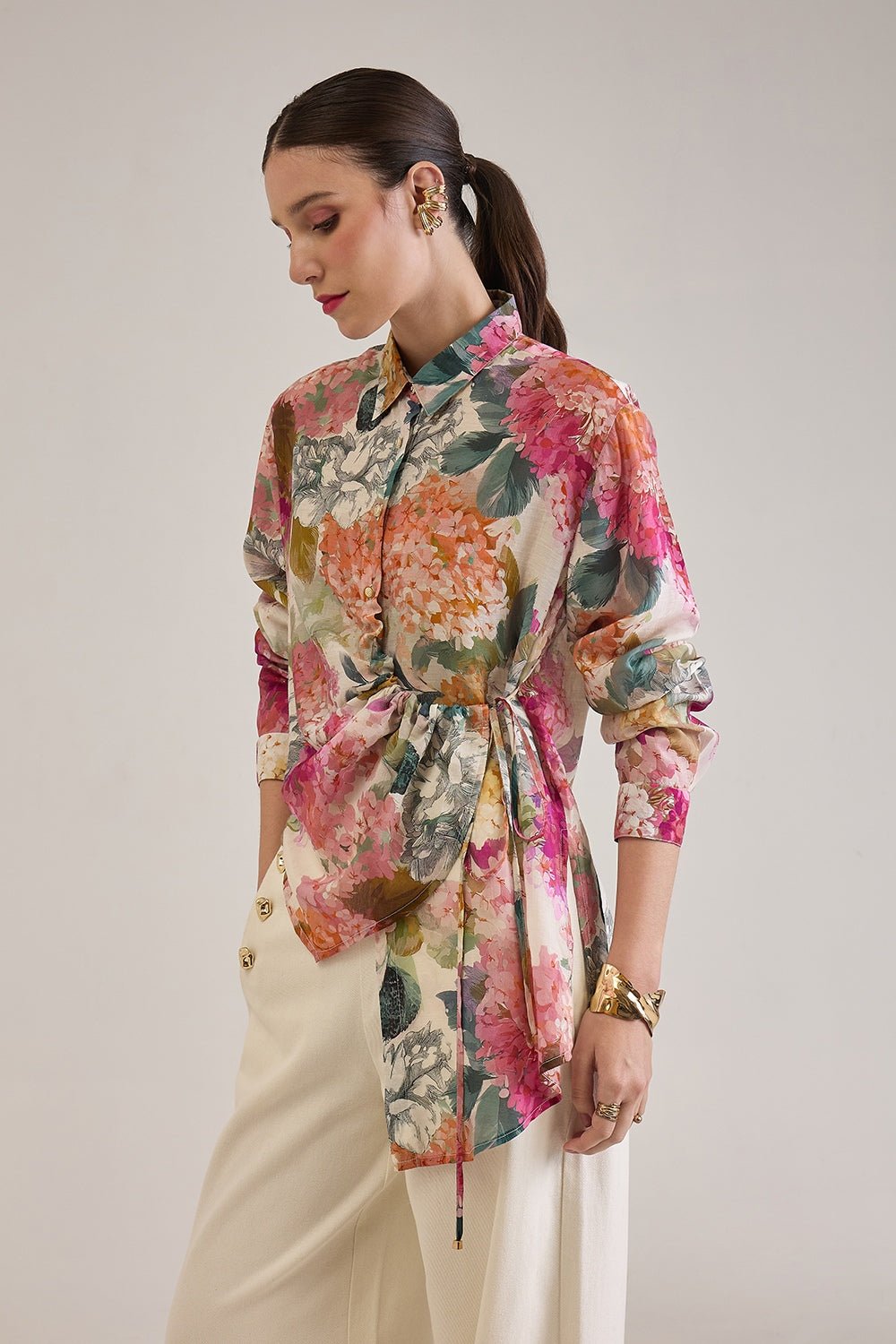 DEMI FLORAL ASYMMETRICAL GATHERED SHIRT WITH JEWEL BUTTONS - Sunday Story
