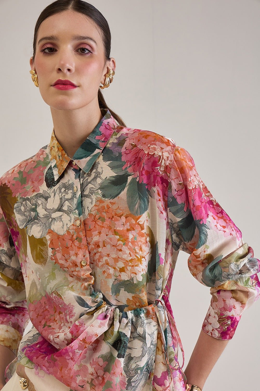 DEMI FLORAL ASYMMETRICAL GATHERED SHIRT WITH JEWEL BUTTONS - Sunday Story