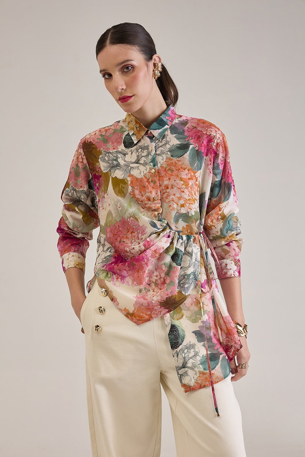 DEMI FLORAL ASYMMETRICAL GATHERED SHIRT WITH JEWEL BUTTONS - Sunday Story