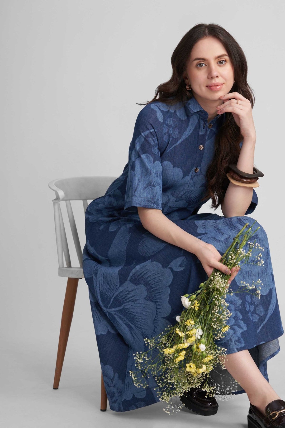ELENOR FIT AND FLARED PRINTED DENIM A-LINE MAXI DRESS - Sunday Story