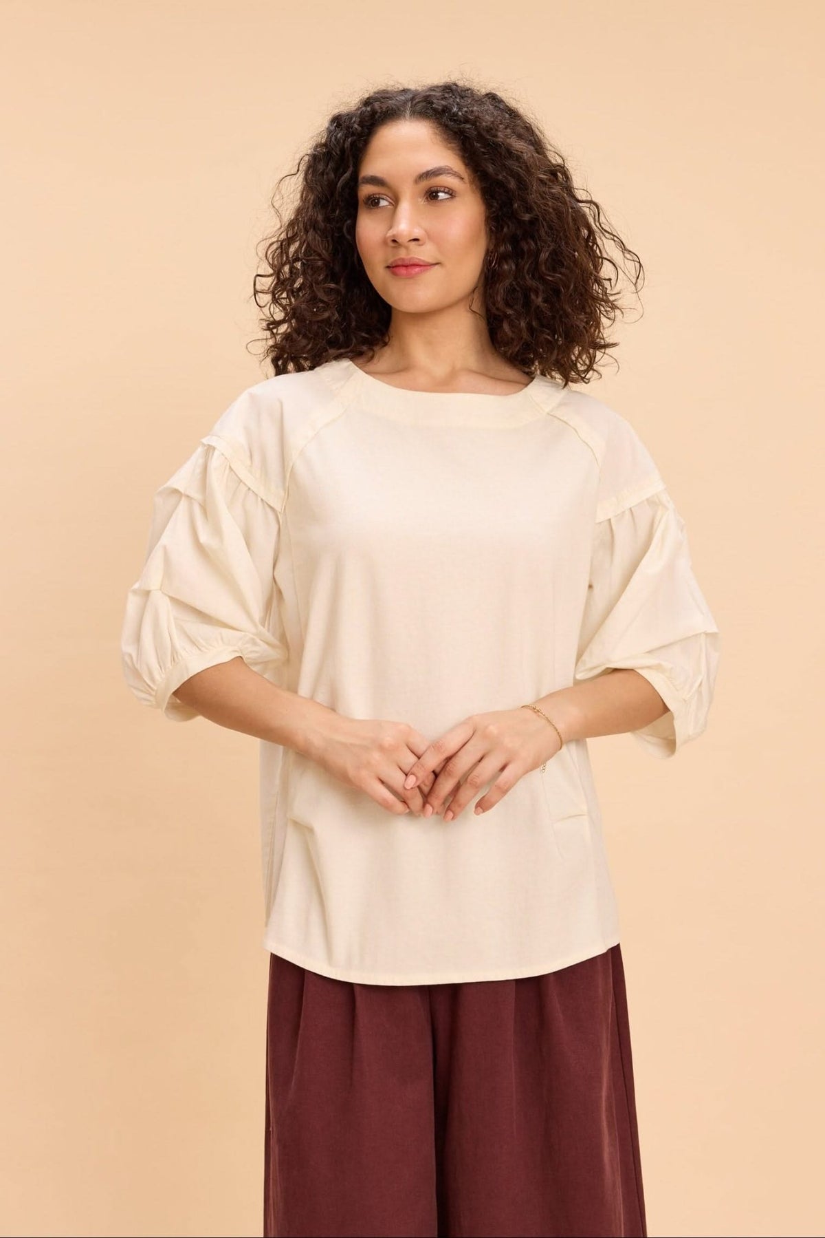 ELIZA FABRIC-MIX PUFF SLEEVED OVERSIZED T-SHIRT - Sunday Story