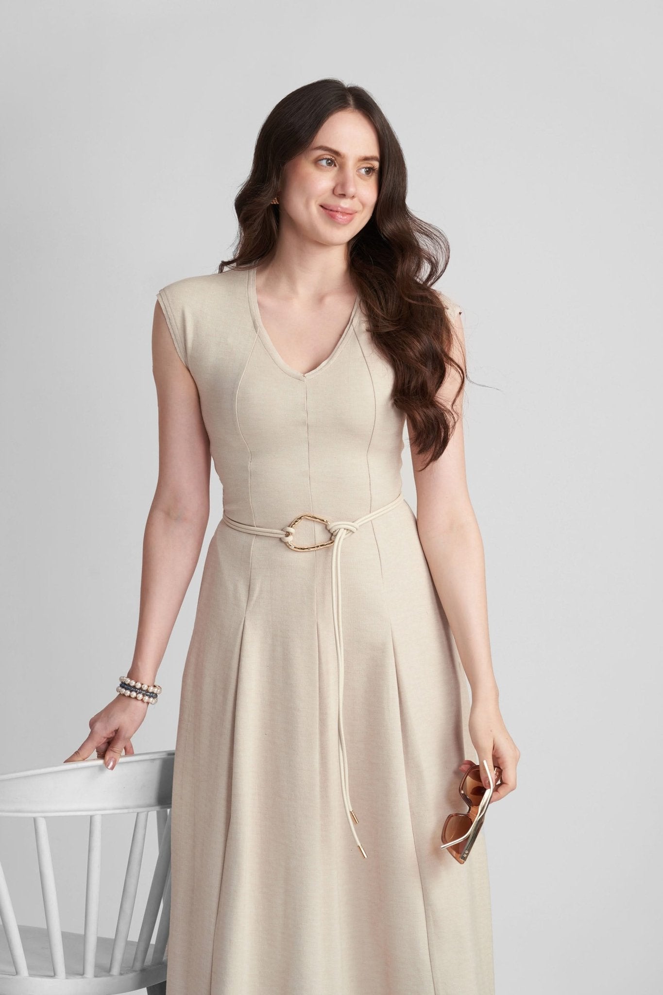 ENORA V-NECK FIT AND FLARE KNITTED MAXI DRESS WITH BELT - Sunday Story