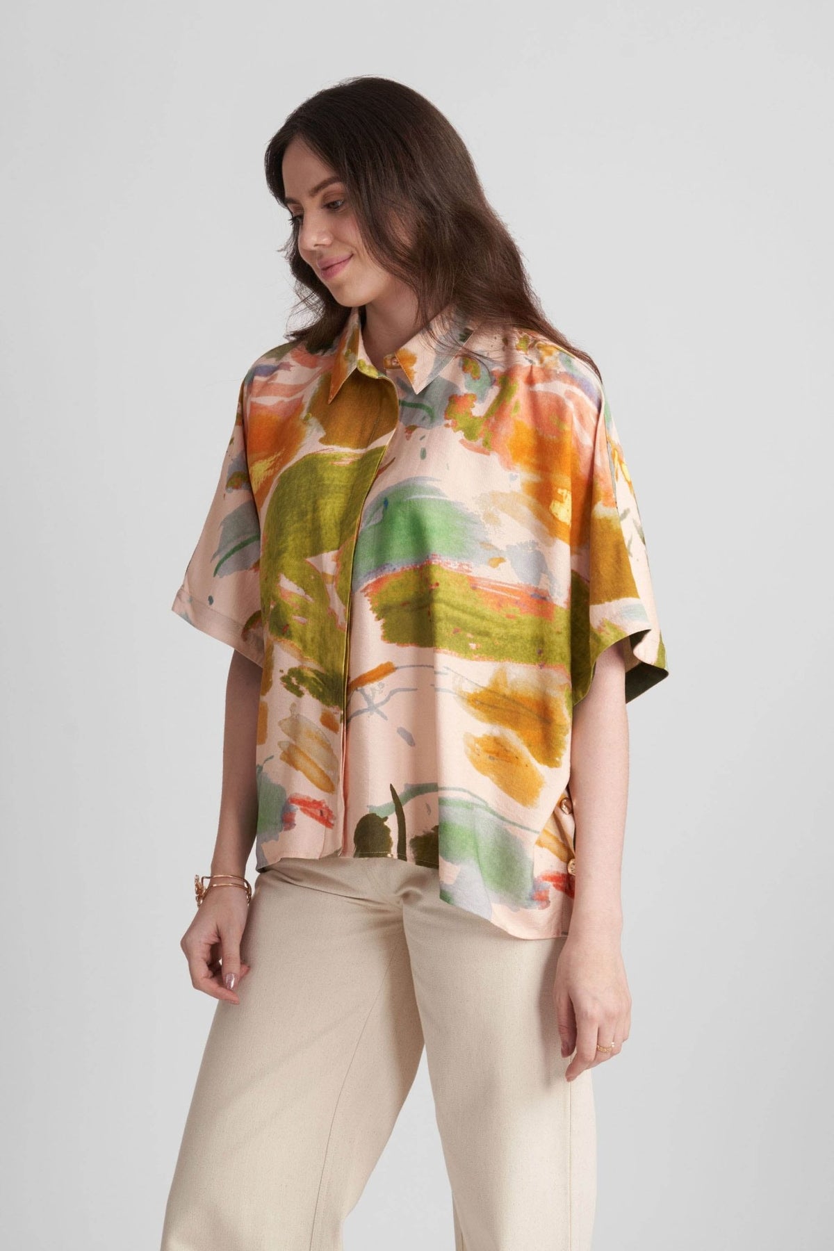 FAWN VISCOSE PRINTED KAFTAN SHIRT WITH STATEMENT BUTTONS - Sunday Story