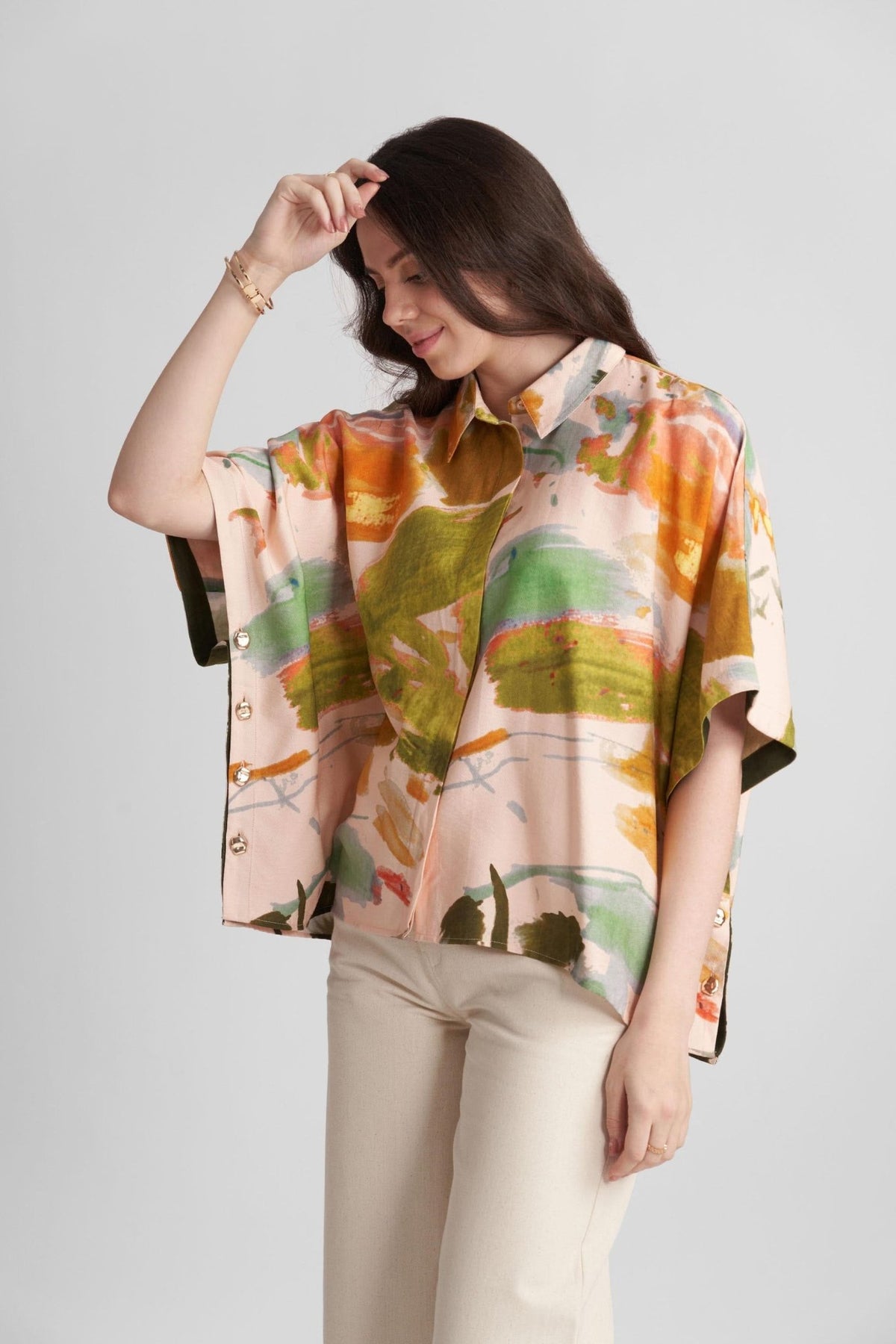 FAWN VISCOSE PRINTED KAFTAN SHIRT WITH STATEMENT BUTTONS - Sunday Story