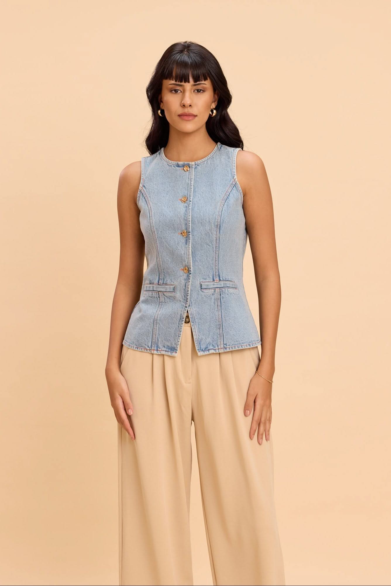 IRIS COTTON DENIM VEST WITH STATEMENT BUTTONS - Sunday Story
