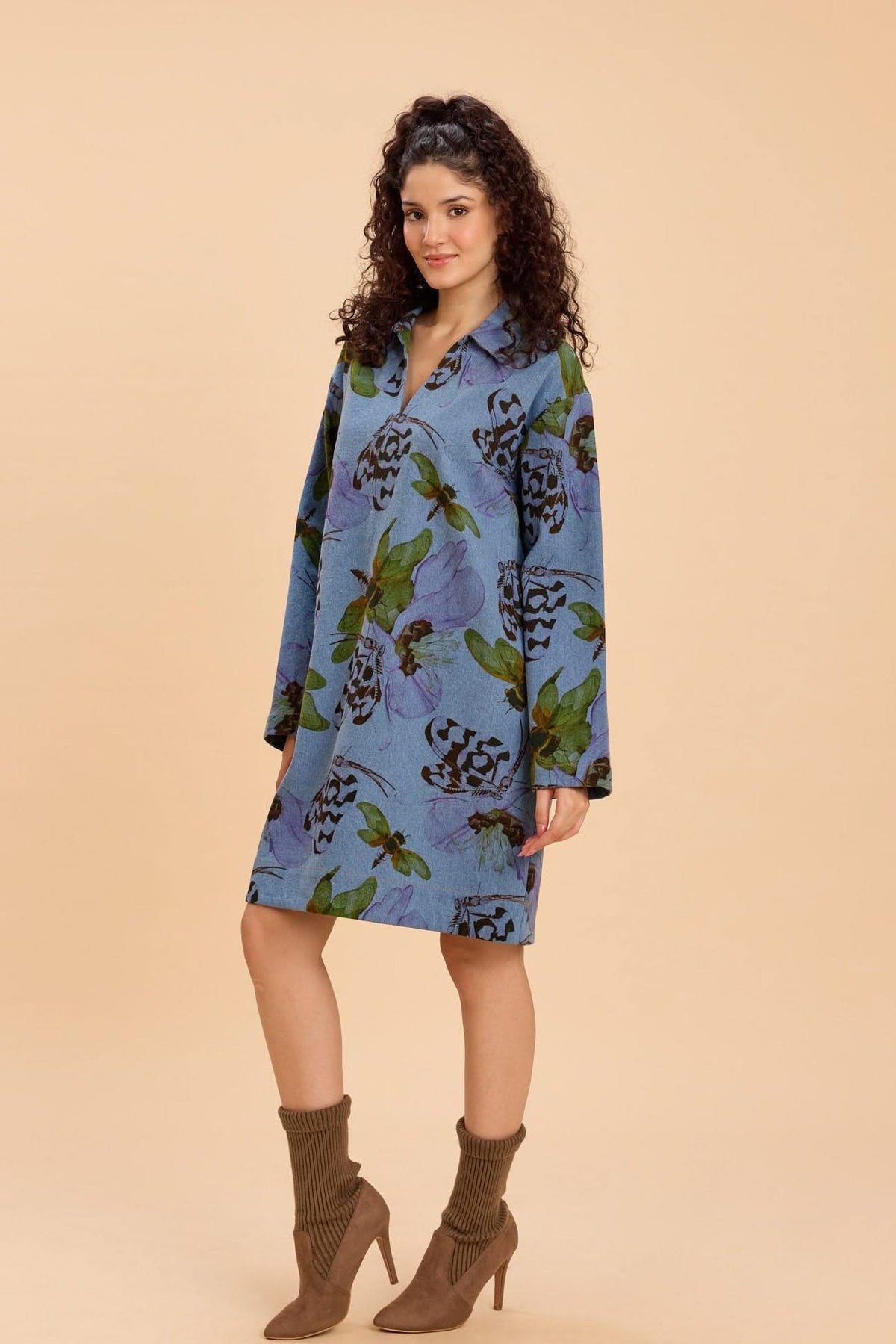 JENA PRINTED COTTON DENIM SHORT A-LINE DRESS - Sunday Story