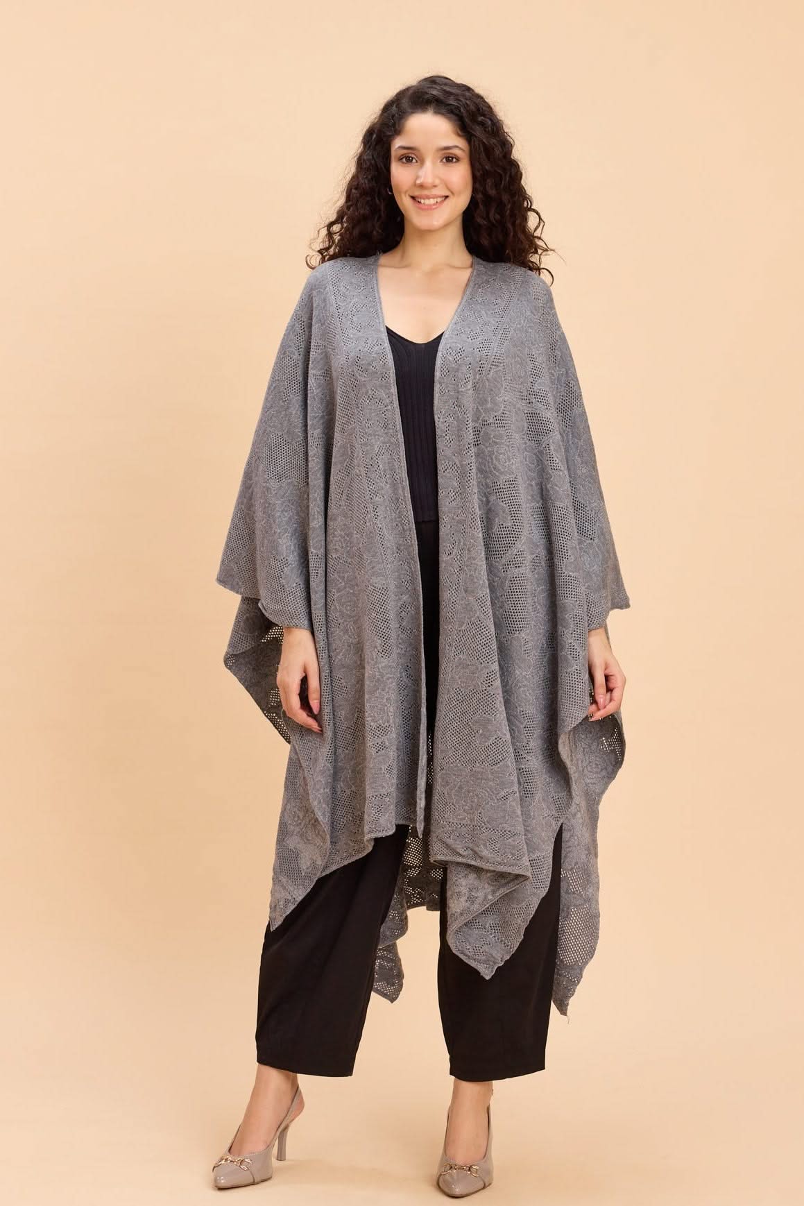 JOLLY LACE JACQUARD FRONT OPEN KNITTED CAPE - Sunday Story