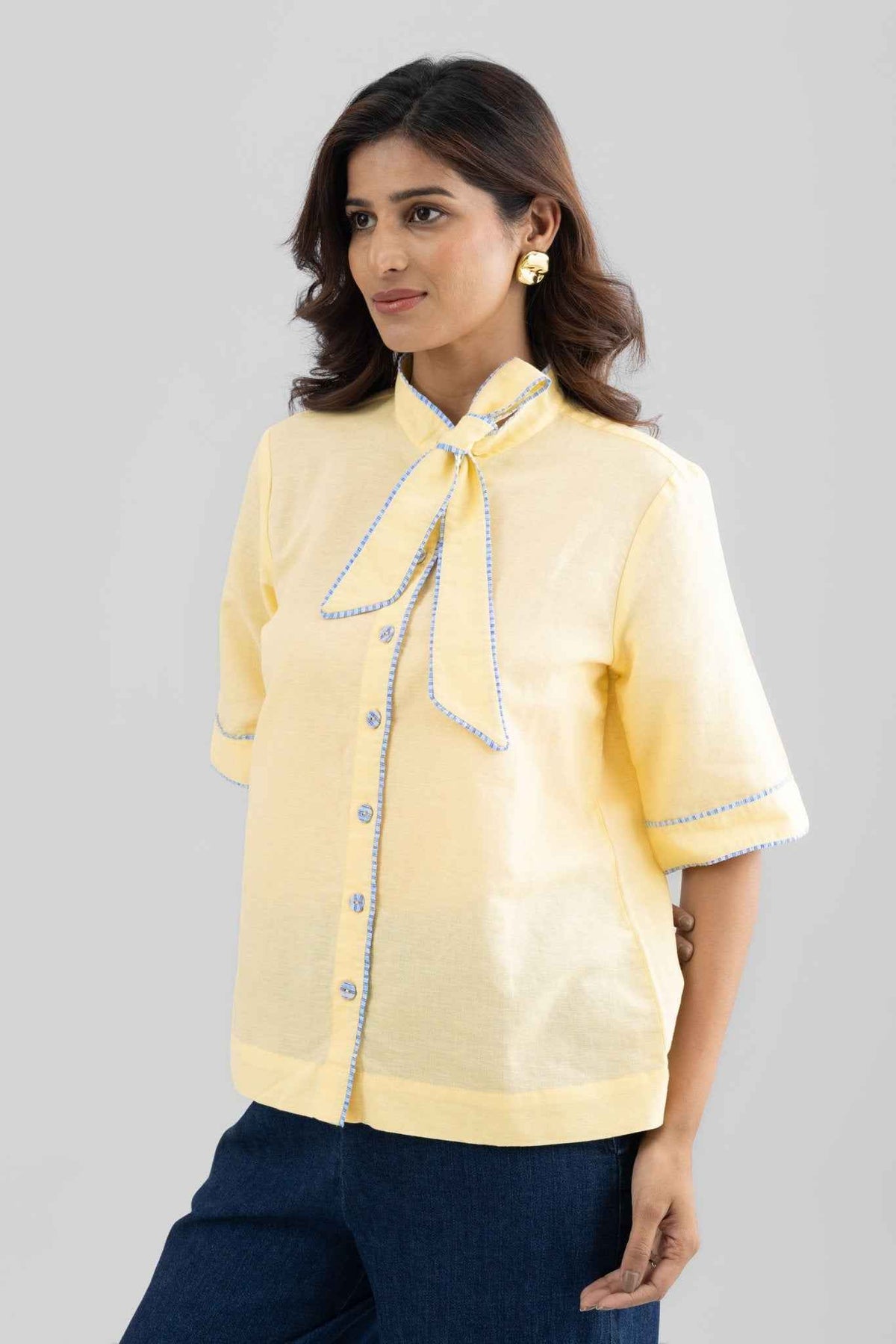 JOSIE LINEN BOW TIE SHIRT WITH STRIPE DETAILS