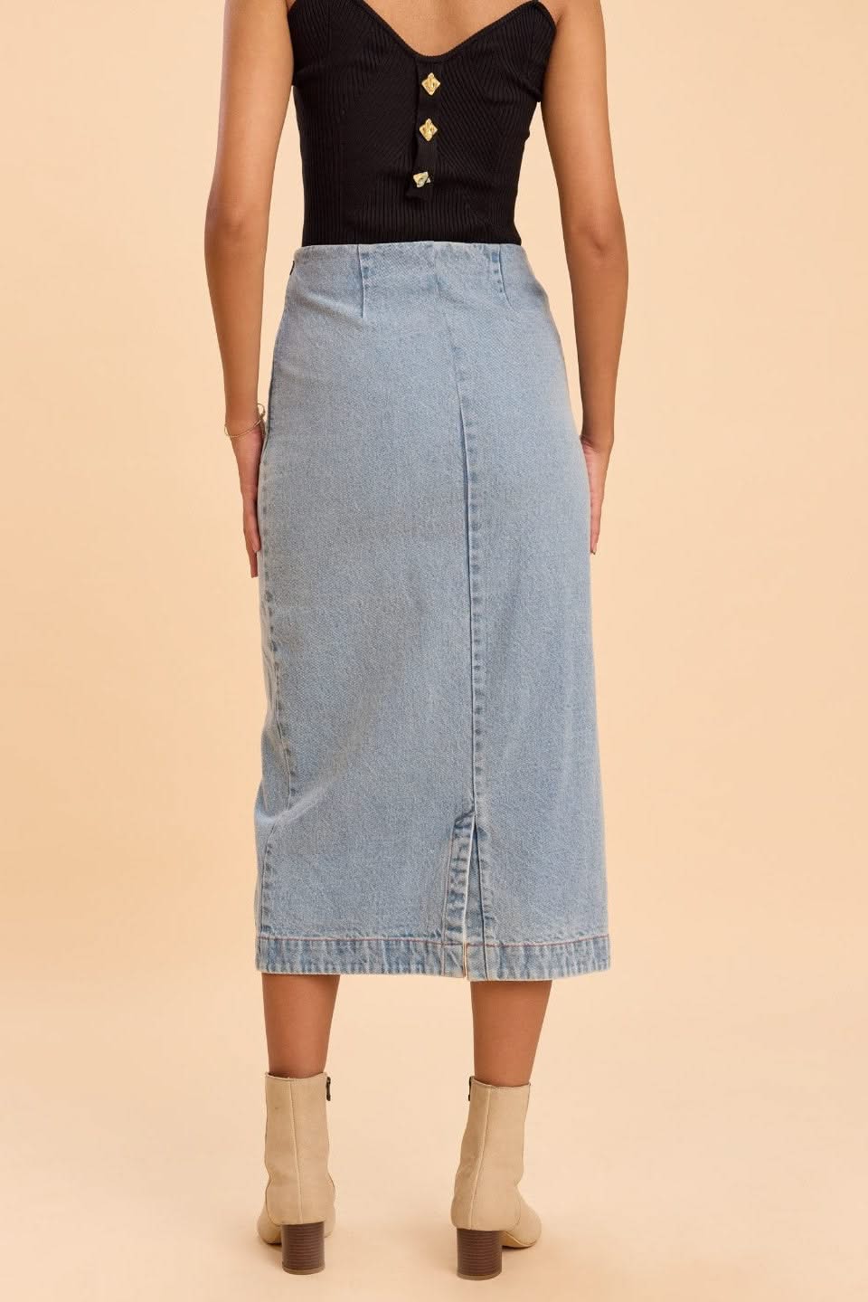 LILY COTTON DENIM ASSYMETRIC MIDI PENCIL SKIRT - Sunday Story