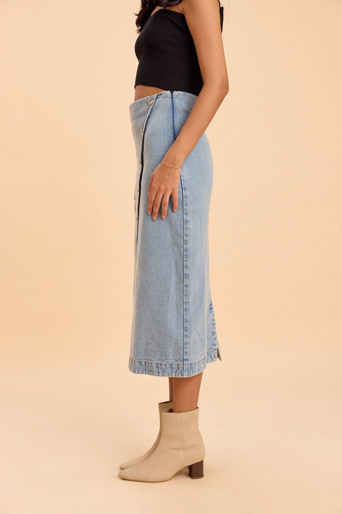 LILY COTTON DENIM ASSYMETRIC MIDI PENCIL SKIRT - Sunday Story