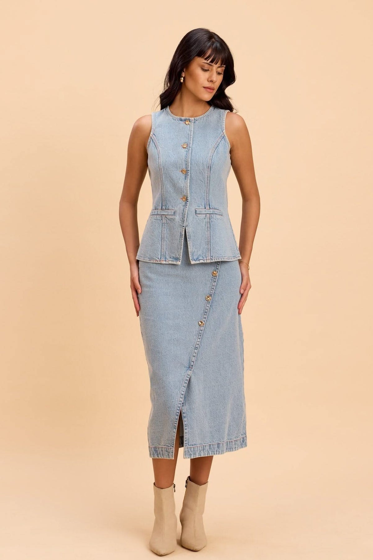 LILY COTTON DENIM ASSYMETRIC MIDI PENCIL SKIRT - Sunday Story