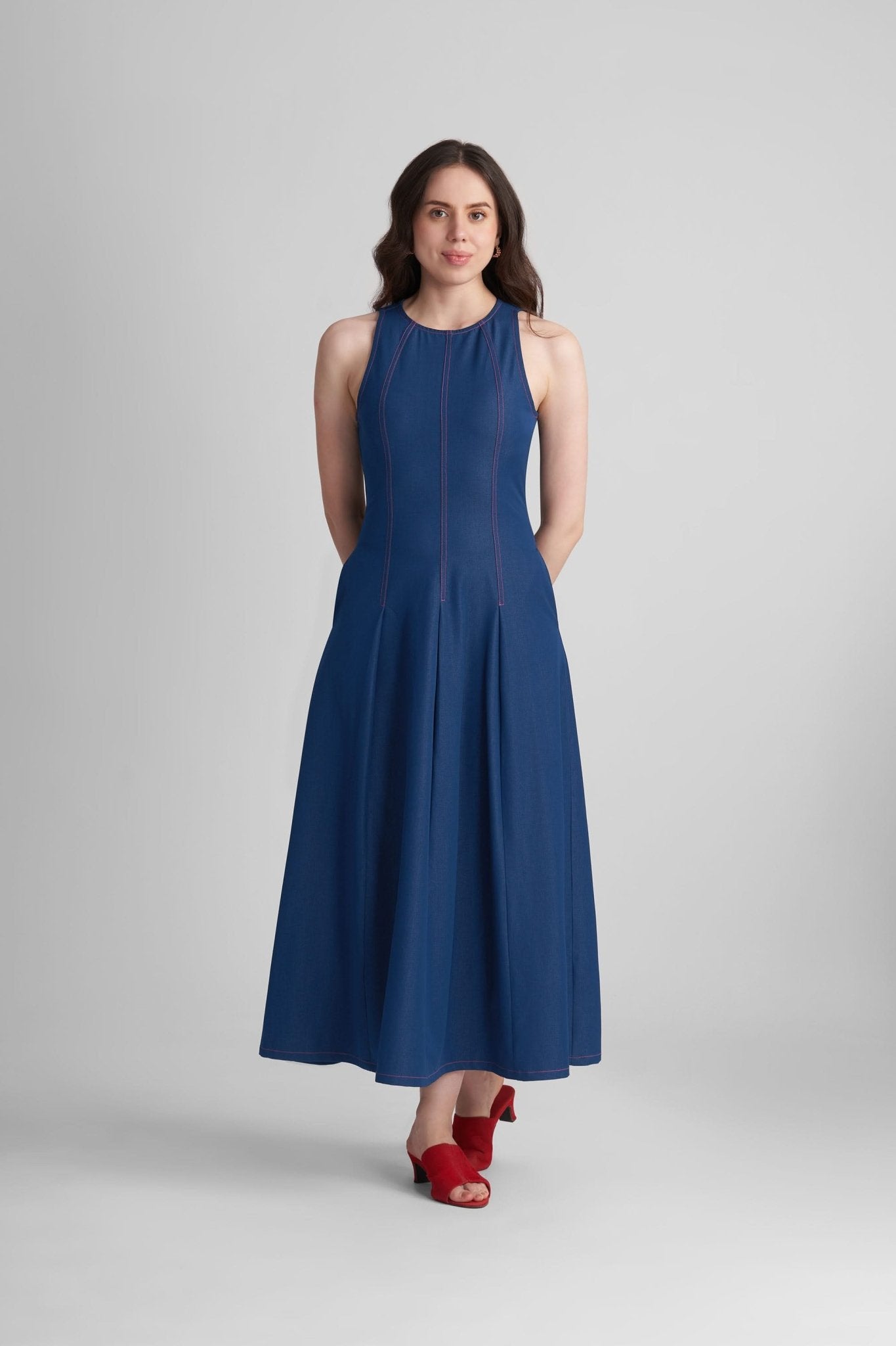 MAXINE FIT AND FLARE KNITTED DENIM MIDI DRESS - Sunday Story