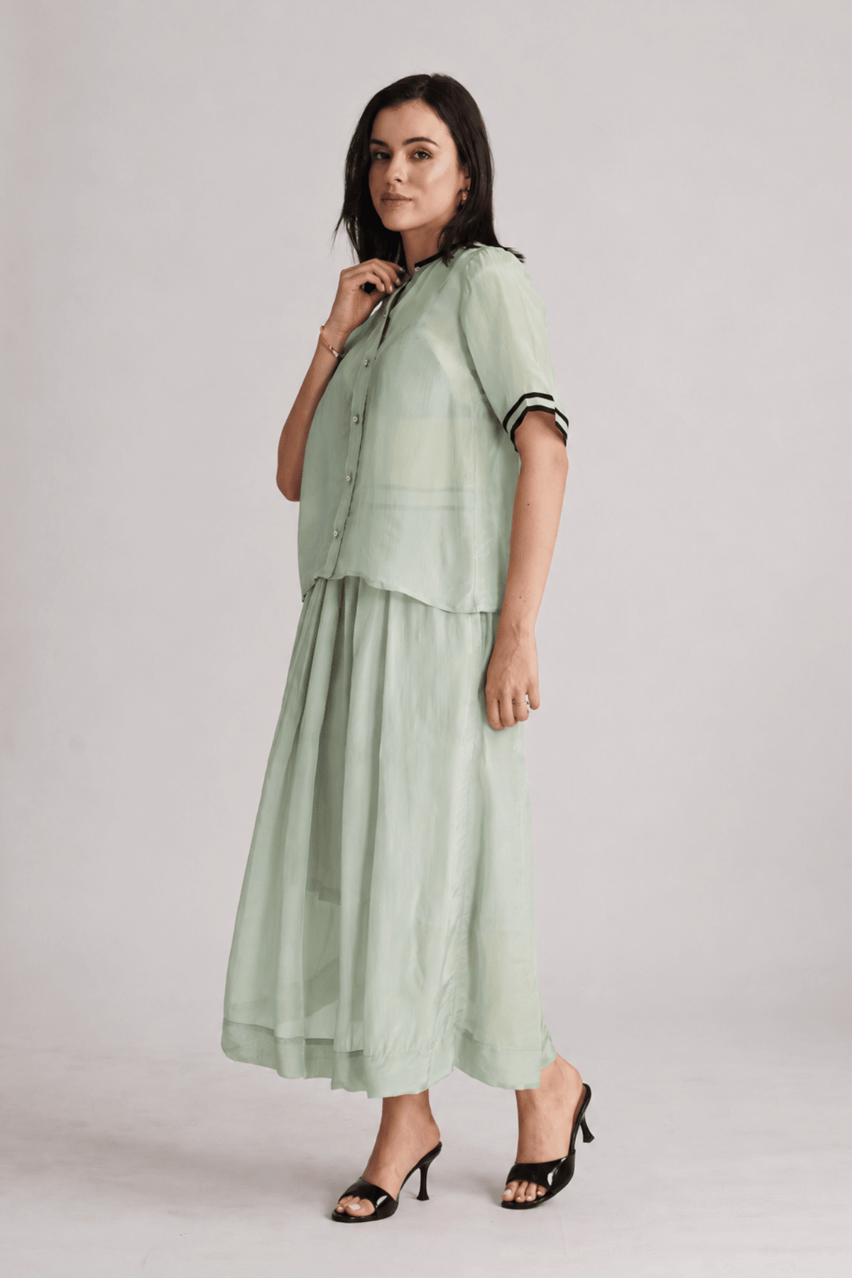 NOAMI VISCOSE ORGANZA SHIRT AND PLEATED MIDI SKIRT CO-ORD SET - Sunday Story