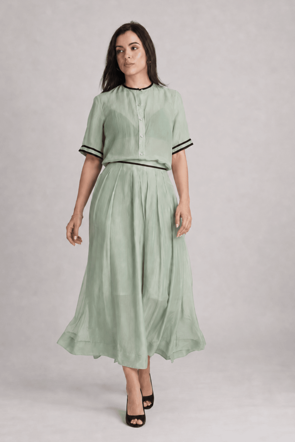 NOAMI VISCOSE ORGANZA SHIRT AND PLEATED MIDI SKIRT CO-ORD SET - Sunday Story