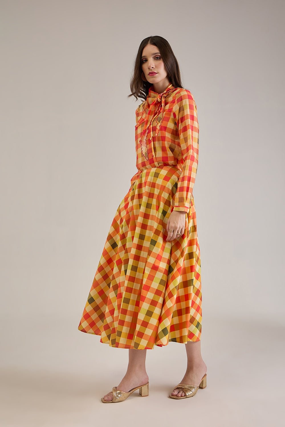 OPHELIA PRINTED CHECK SCARF DETAIL SHIRT & FLARED CIRCLE SKIRT CO-ORD - Sunday Story