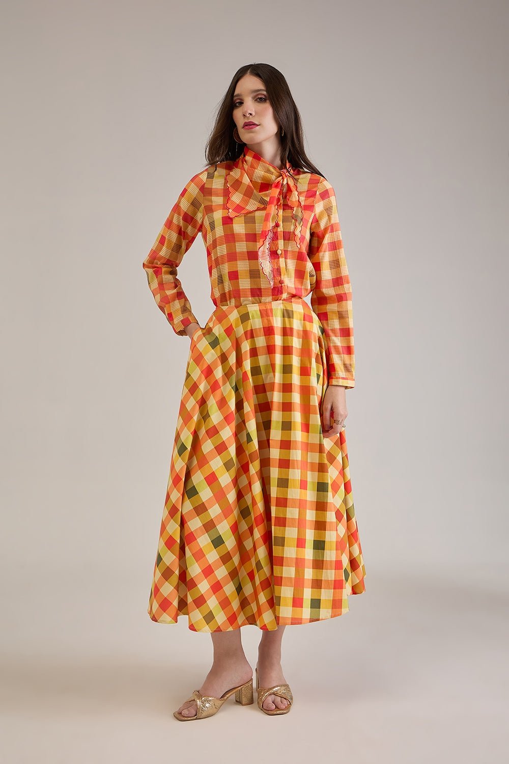 OPHELIA PRINTED CHECK SCARF DETAIL SHIRT & FLARED CIRCLE SKIRT CO-ORD - Sunday Story