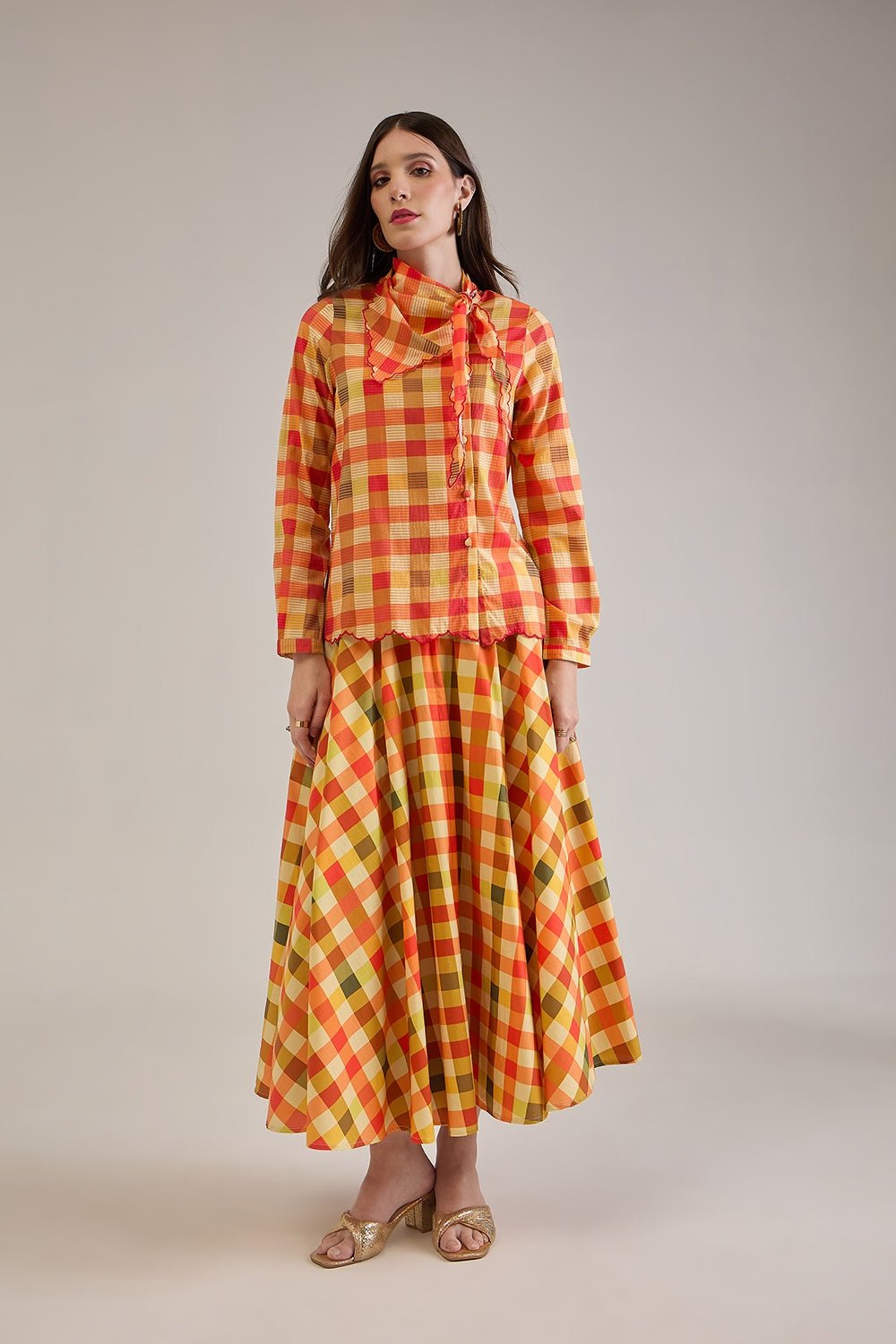 OPHELIA PRINTED CHECK SCARF DETAIL SHIRT & FLARED CIRCLE SKIRT CO-ORD - Sunday Story