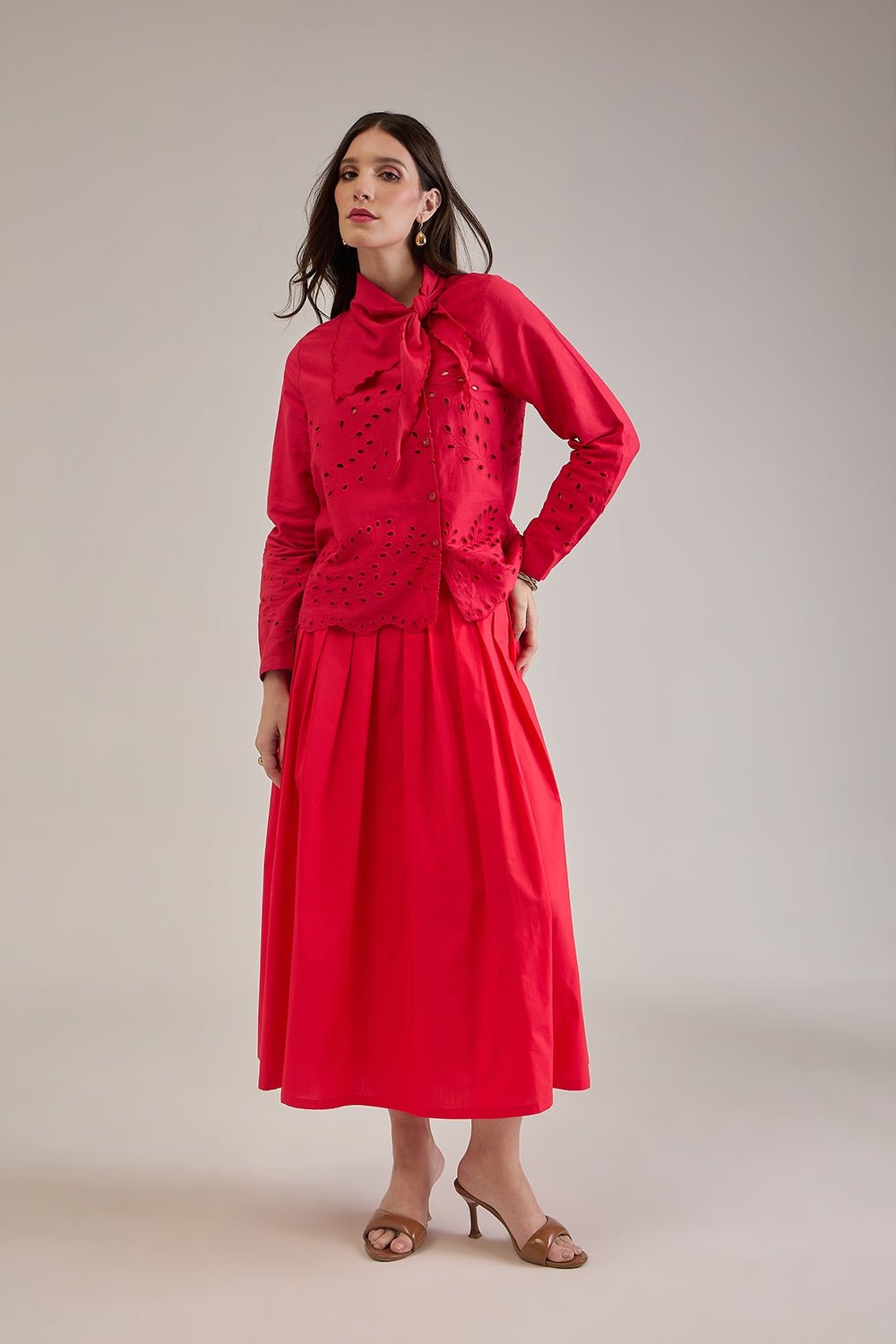 OPHELIA PRINTED CHECK SCARF DETAIL SHIRT & FLARED CIRCLE SKIRT CO-ORD - Sunday Story