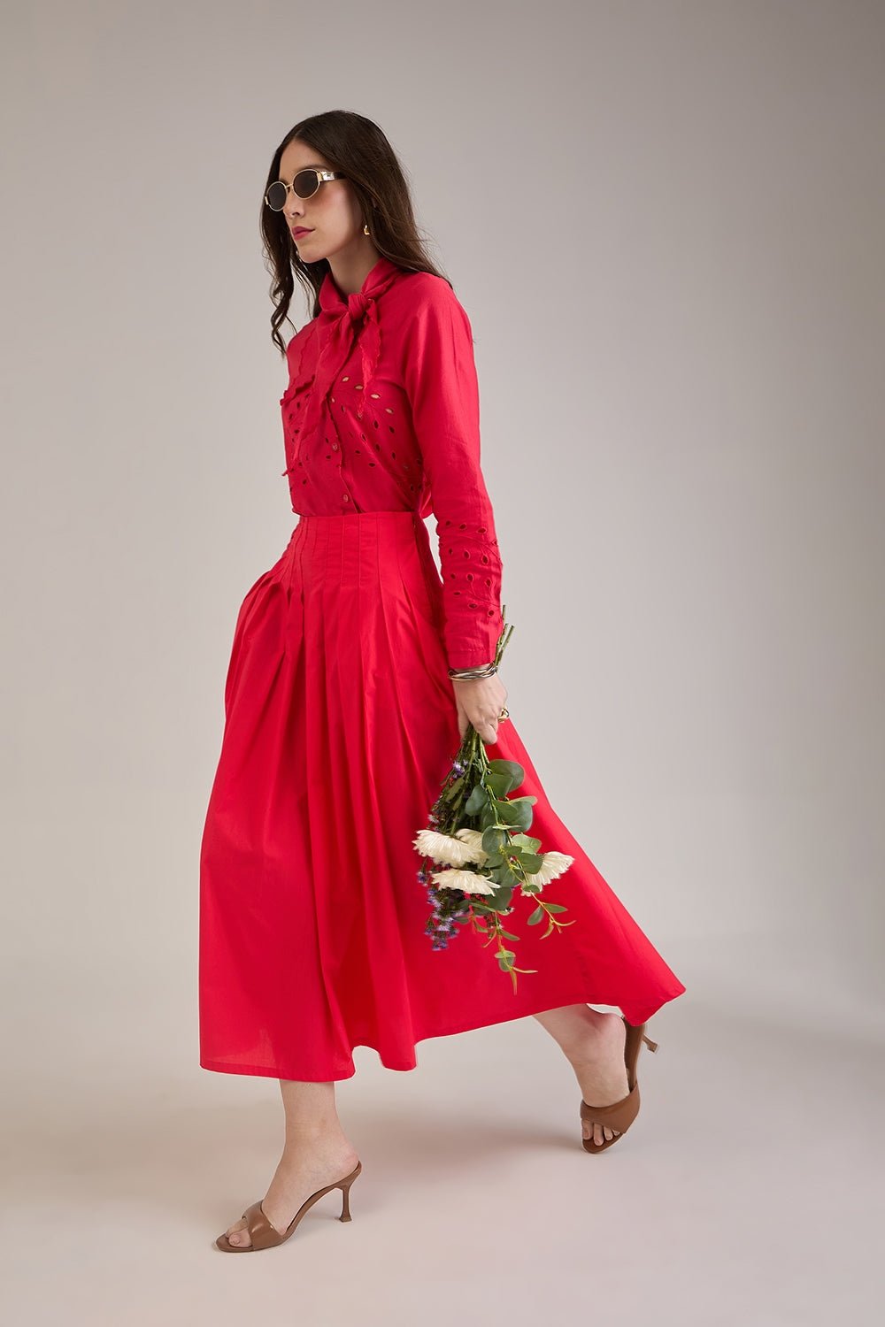 OPHELIA PRINTED CHECK SCARF DETAIL SHIRT & FLARED CIRCLE SKIRT CO-ORD - Sunday Story