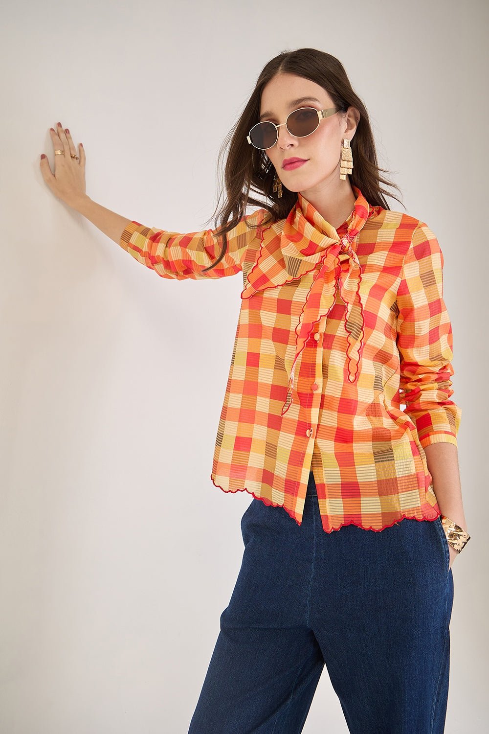 OPHELIA PRINTED CHECK VISCOSE SCARF DETAIL ASYMMETRIC SHIRT - Sunday Story