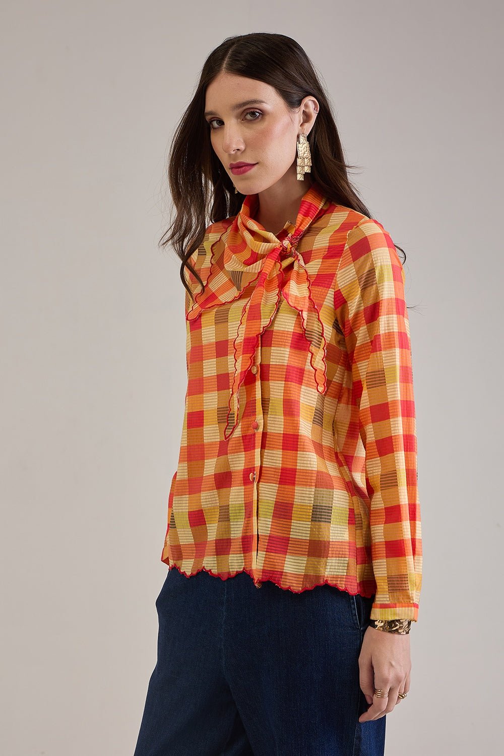 OPHELIA PRINTED CHECK VISCOSE SCARF DETAIL ASYMMETRIC SHIRT - Sunday Story