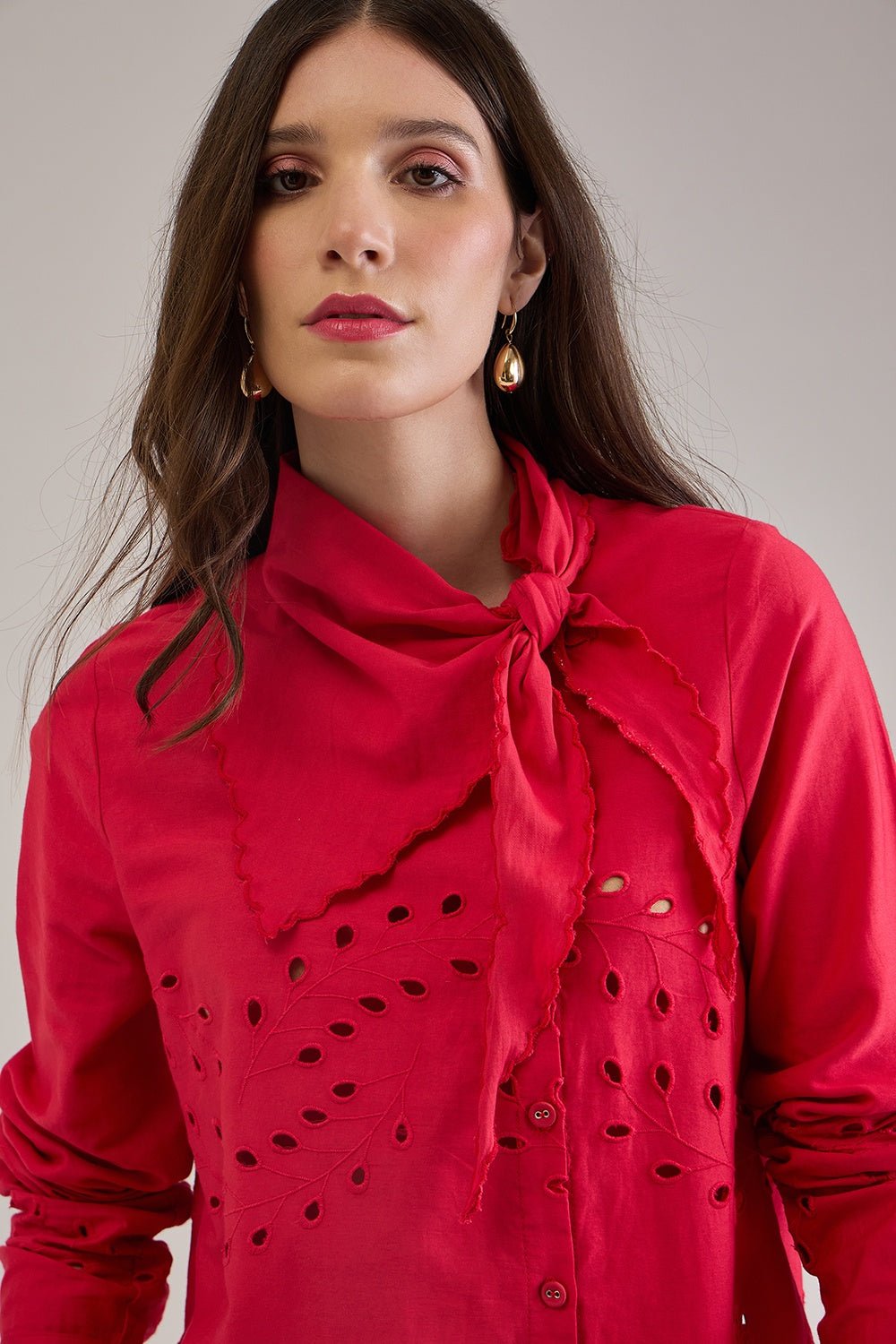 OPHELIA RED COTTON SCHIFFLI SCARF DETAIL ASYMMETRIC SHIRT - Sunday Story