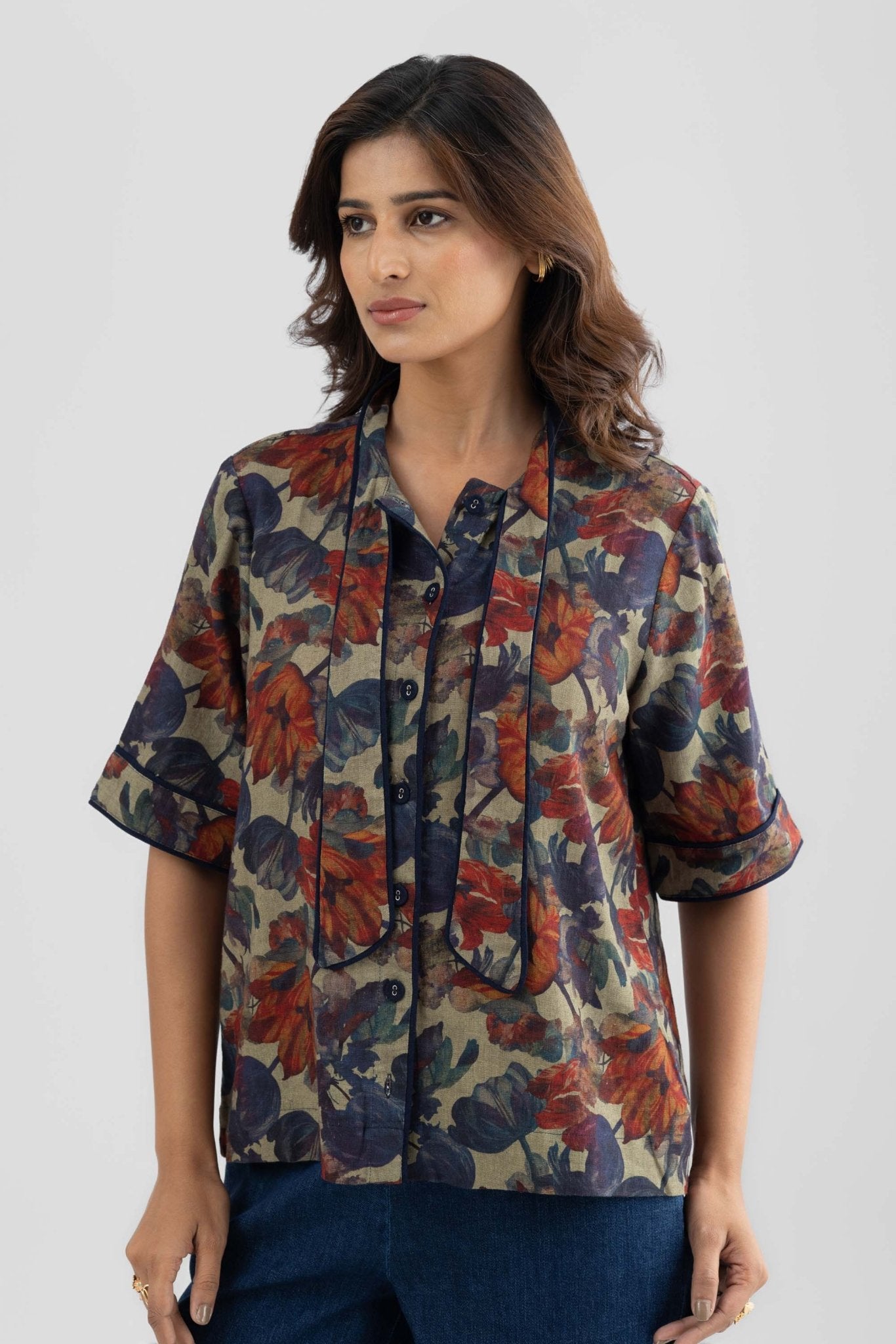 PAIGE PRINTED LINEN TIE DETAIL SHIRT - Sunday Story