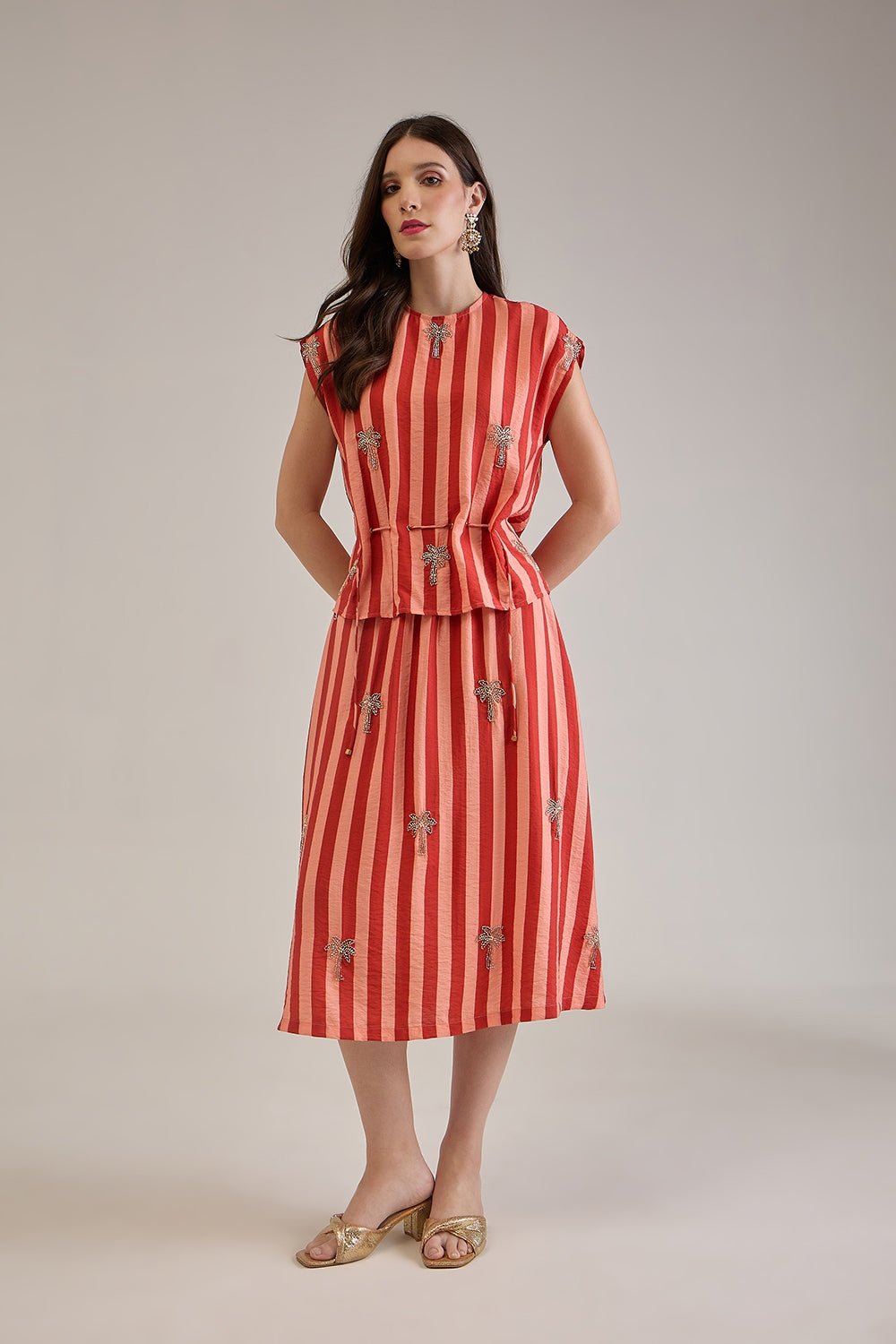 PALMA RUST CORAL STRIPED EMBELLISHED SKIRT CO-ORD SET - Sunday Story