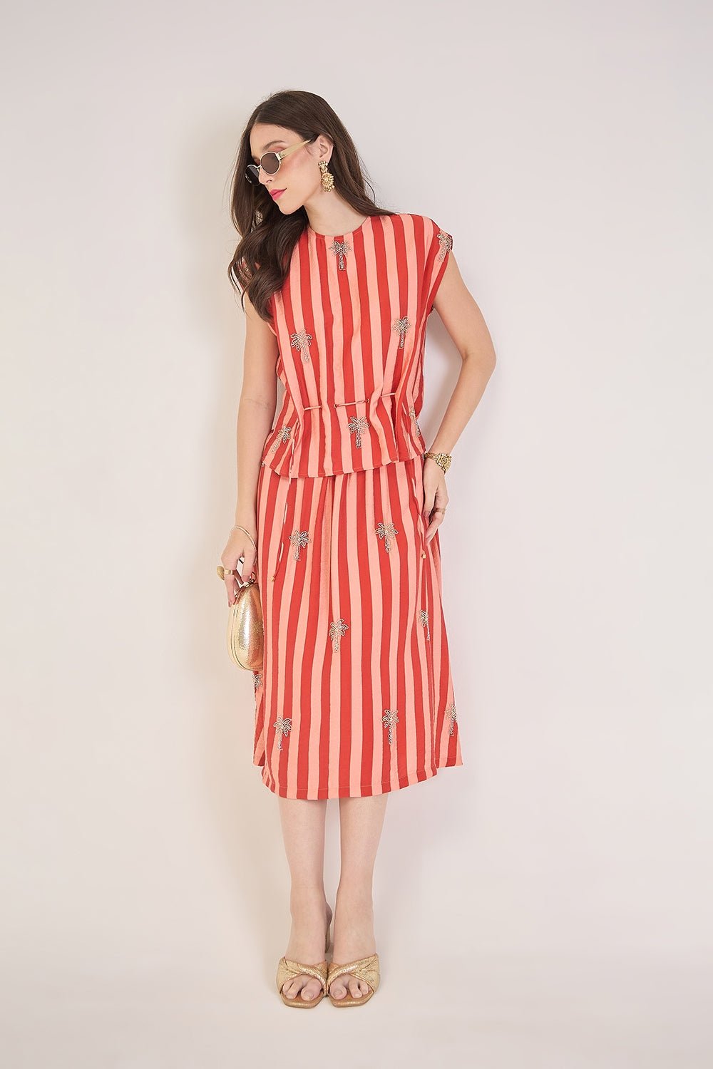 PALMA RUST CORAL STRIPED EMBELLISHED SKIRT CO-ORD SET - Sunday Story