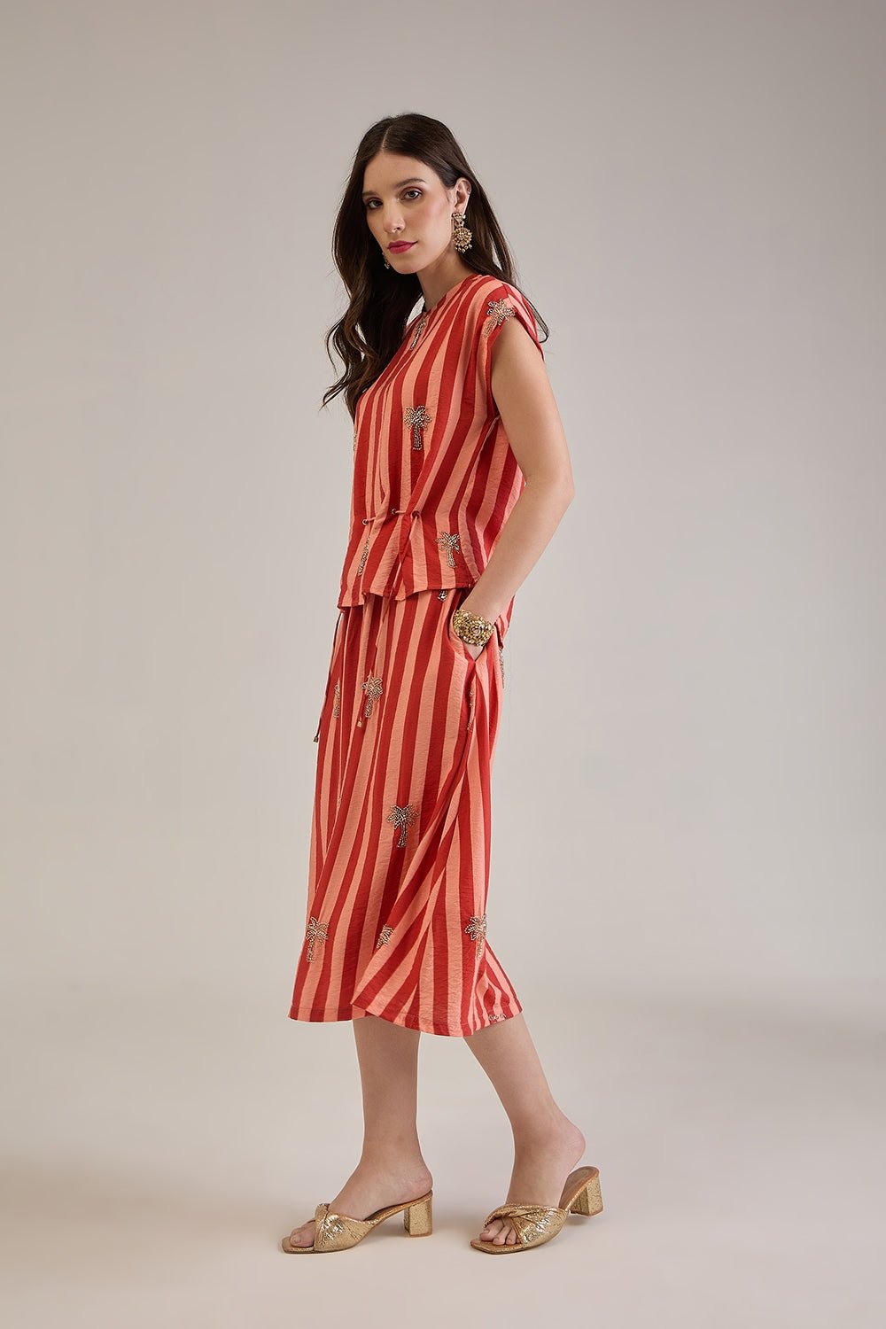 PALMA RUST CORAL STRIPED EMBELLISHED SKIRT CO-ORD SET - Sunday Story