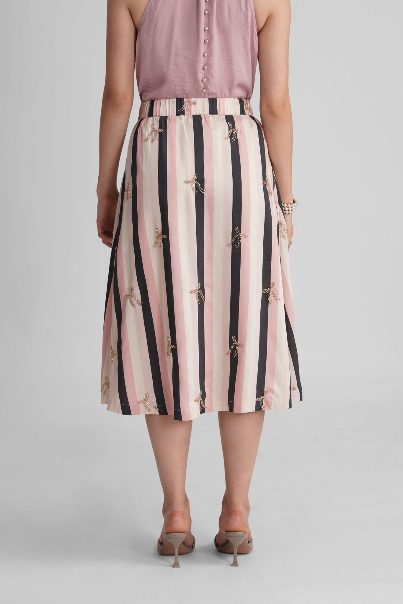 PALMA VISCOSE PRINTED STRIPES MIDI SKIRT WITH SEQUIN EMBRODIERY - Sunday Story
