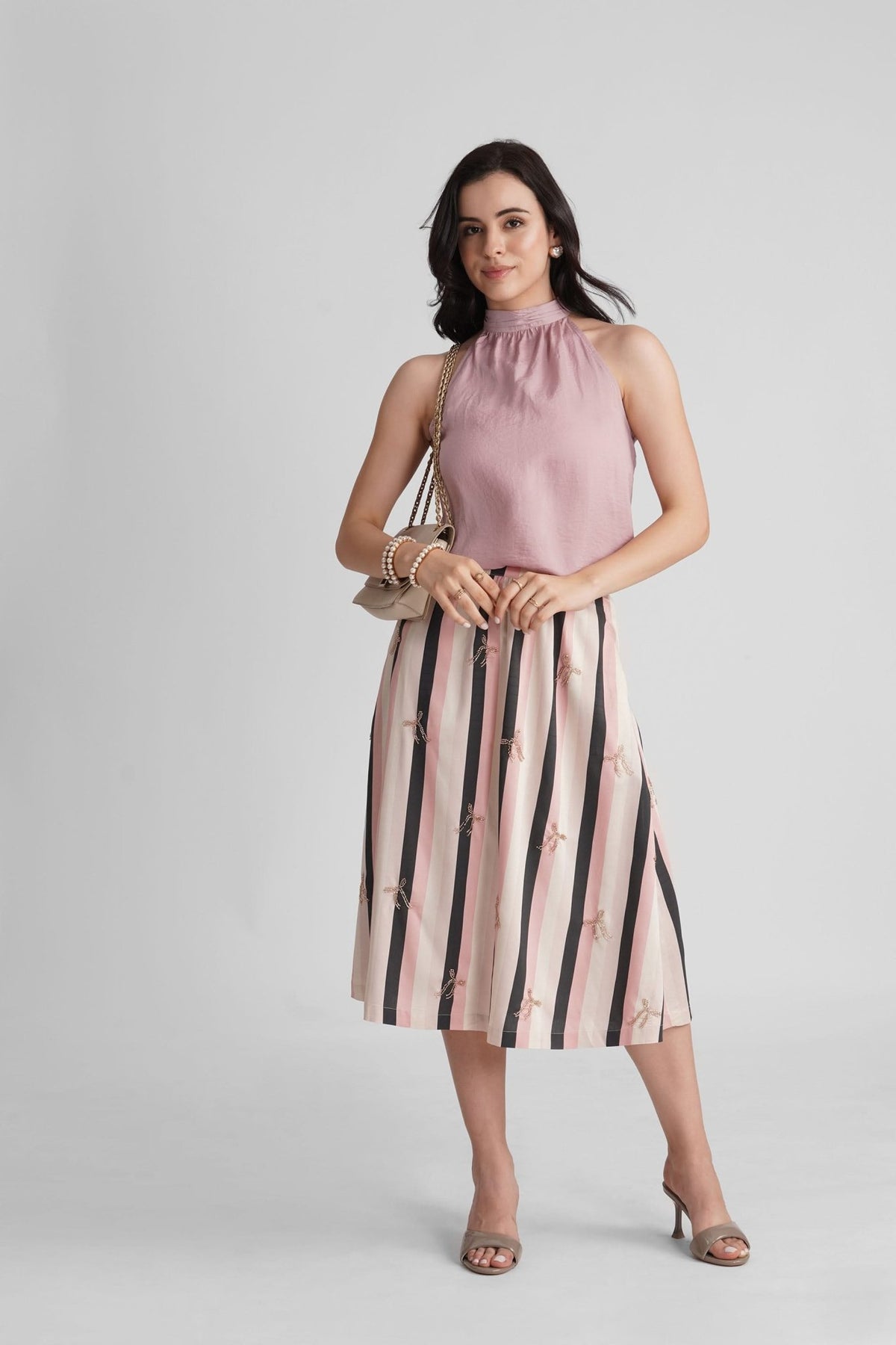 PALMA VISCOSE PRINTED STRIPES MIDI SKIRT WITH SEQUIN EMBRODIERY - Sunday Story