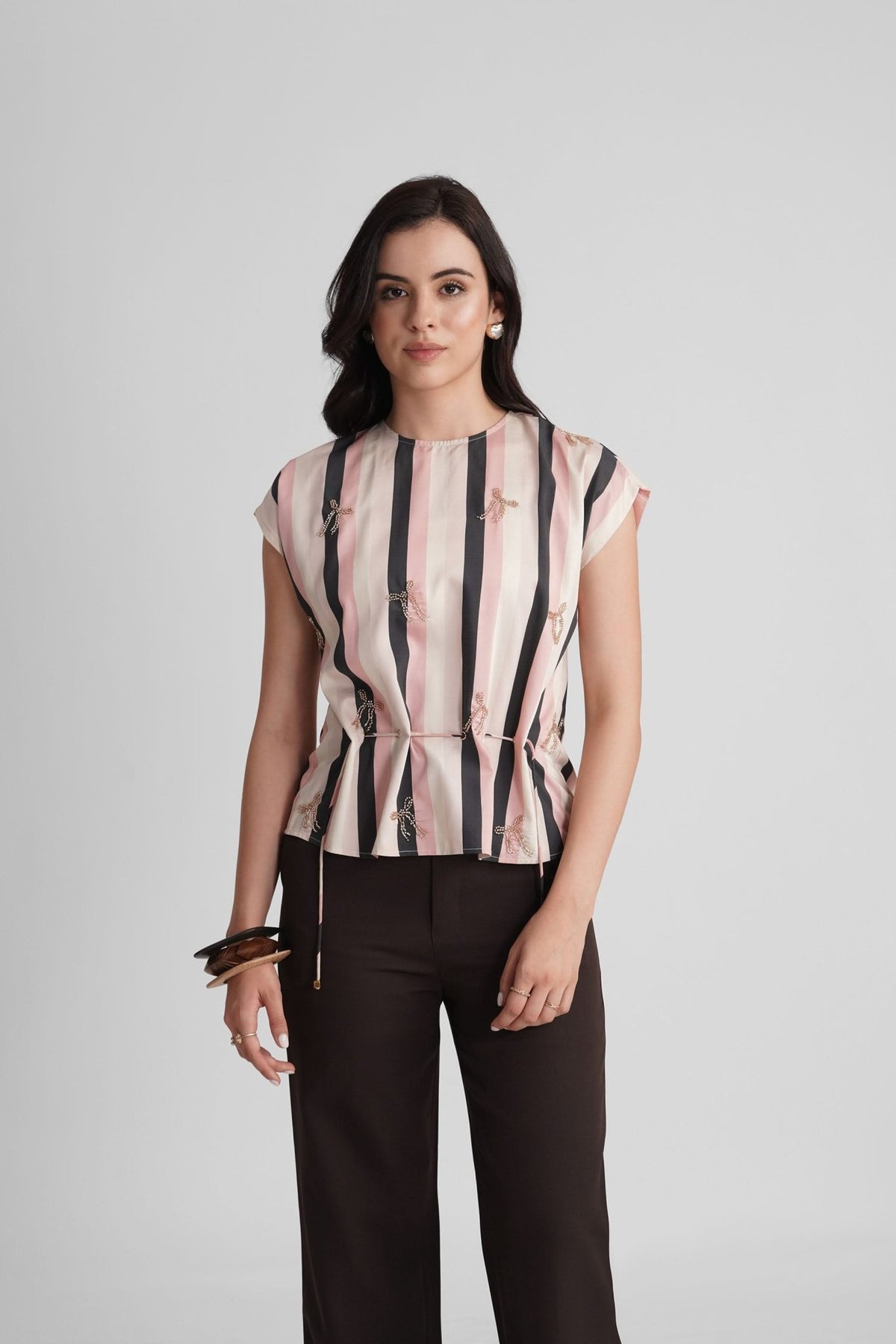 PALMA VISCOSE PRINTED STRIPES TOP WITH SEQUIN EMBRODIERY - Sunday Story
