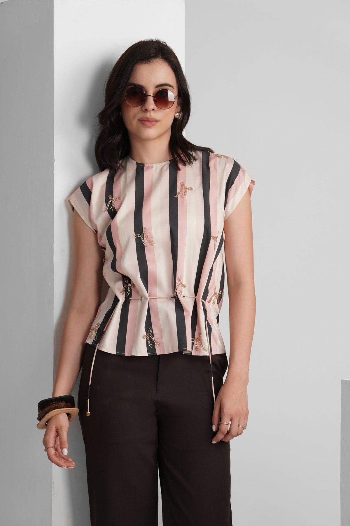 PALMA VISCOSE PRINTED STRIPES TOP WITH SEQUIN EMBRODIERY - Sunday Story