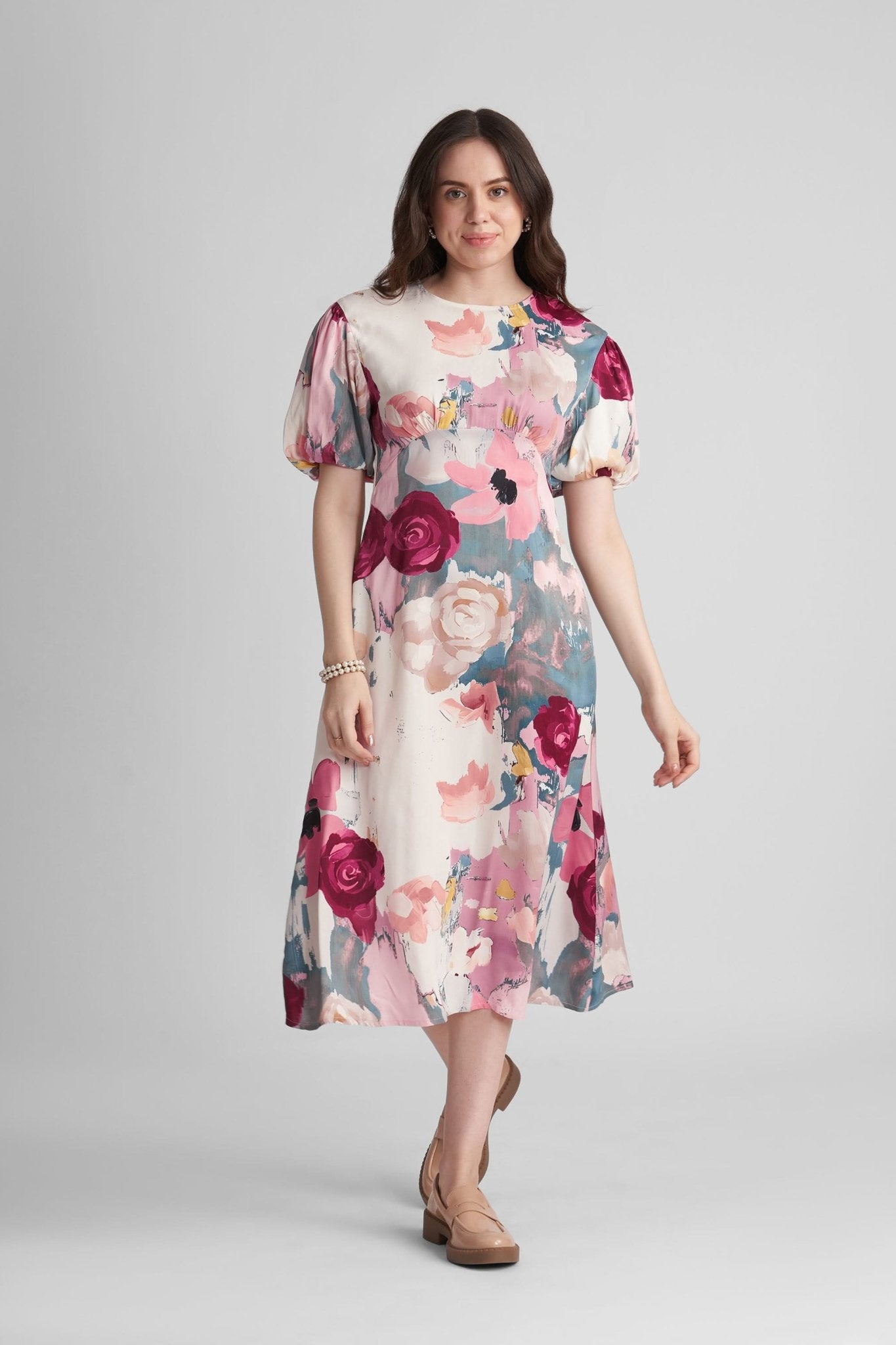 PALMONA PRINTED VISCOSE SATIN MIDI DRESS WITH VOLUMINOUS SLEEVES - Sunday Story