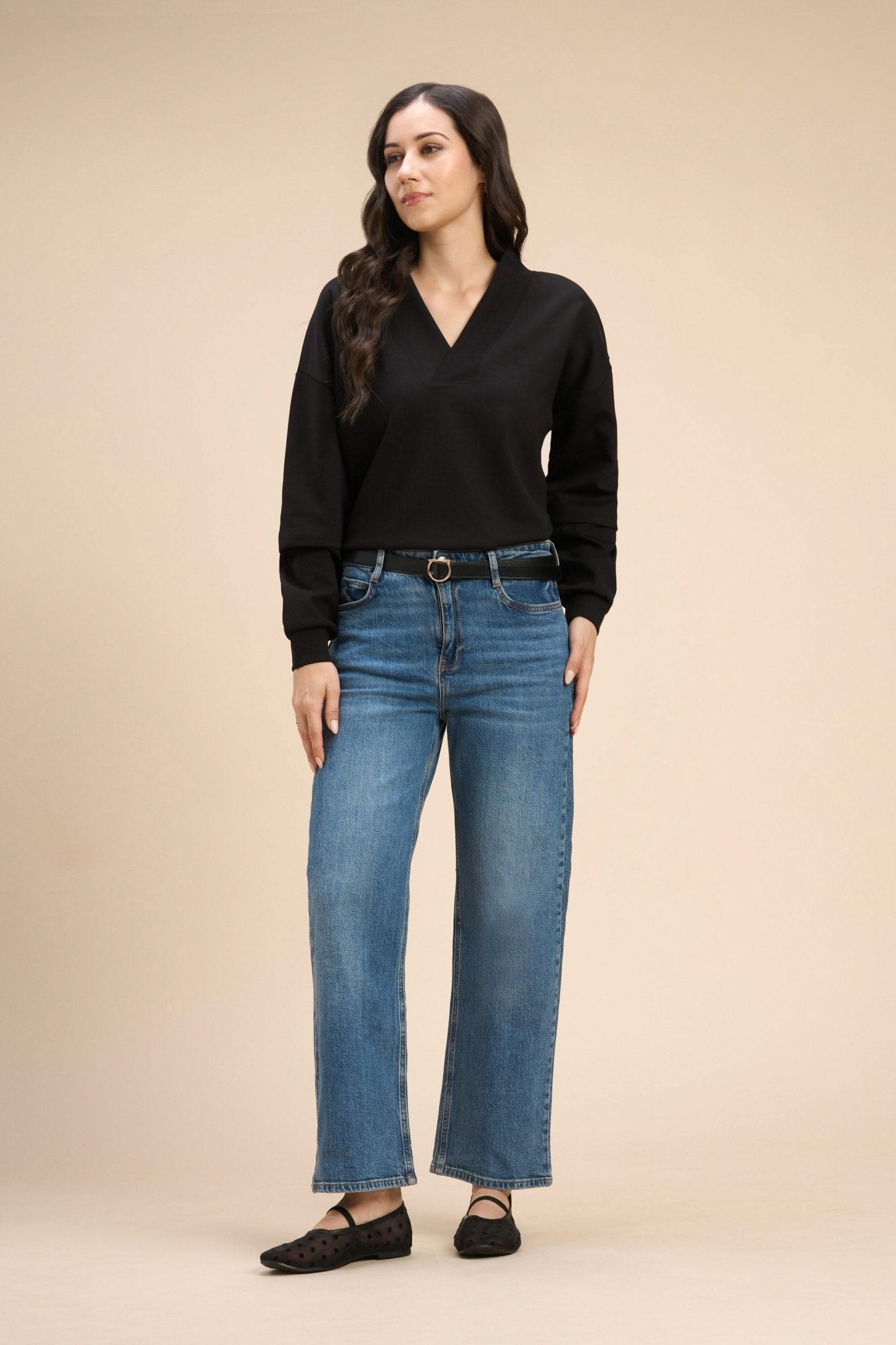 PAMELA V-NECK DROP FULL SLEEVE T-SHIRT IN FLUID JERSEY - Sunday Story