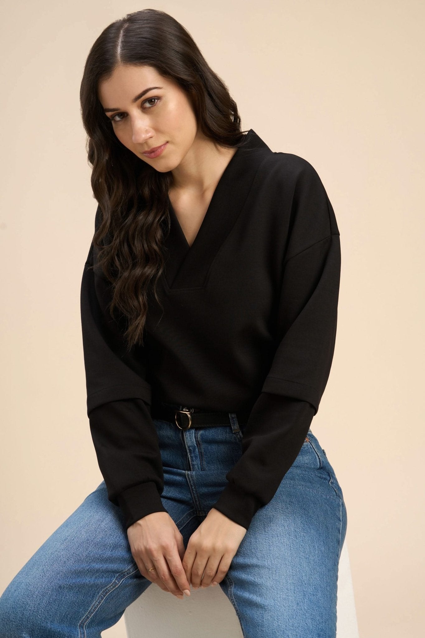 PAMELA V-NECK DROP FULL SLEEVE T-SHIRT IN FLUID JERSEY - Sunday Story