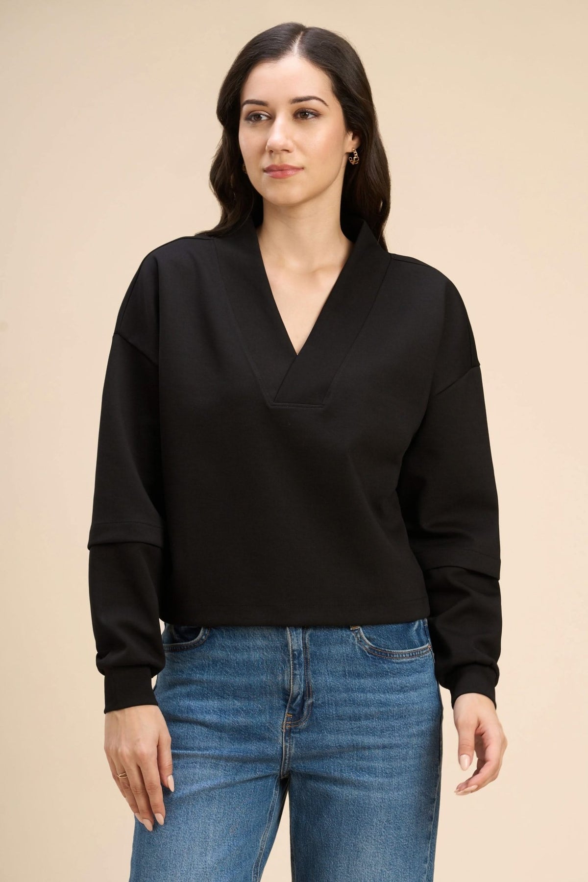 PAMELA V-NECK DROP FULL SLEEVE T-SHIRT IN FLUID JERSEY - Sunday Story