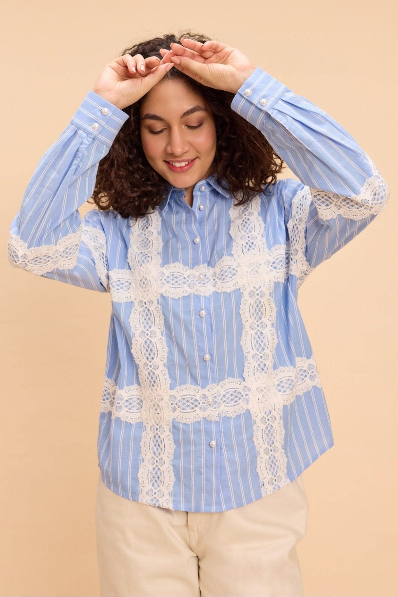 PEONY YARN DYED STRIPE SHIRT WITH LACE DETAIL - Sunday Story